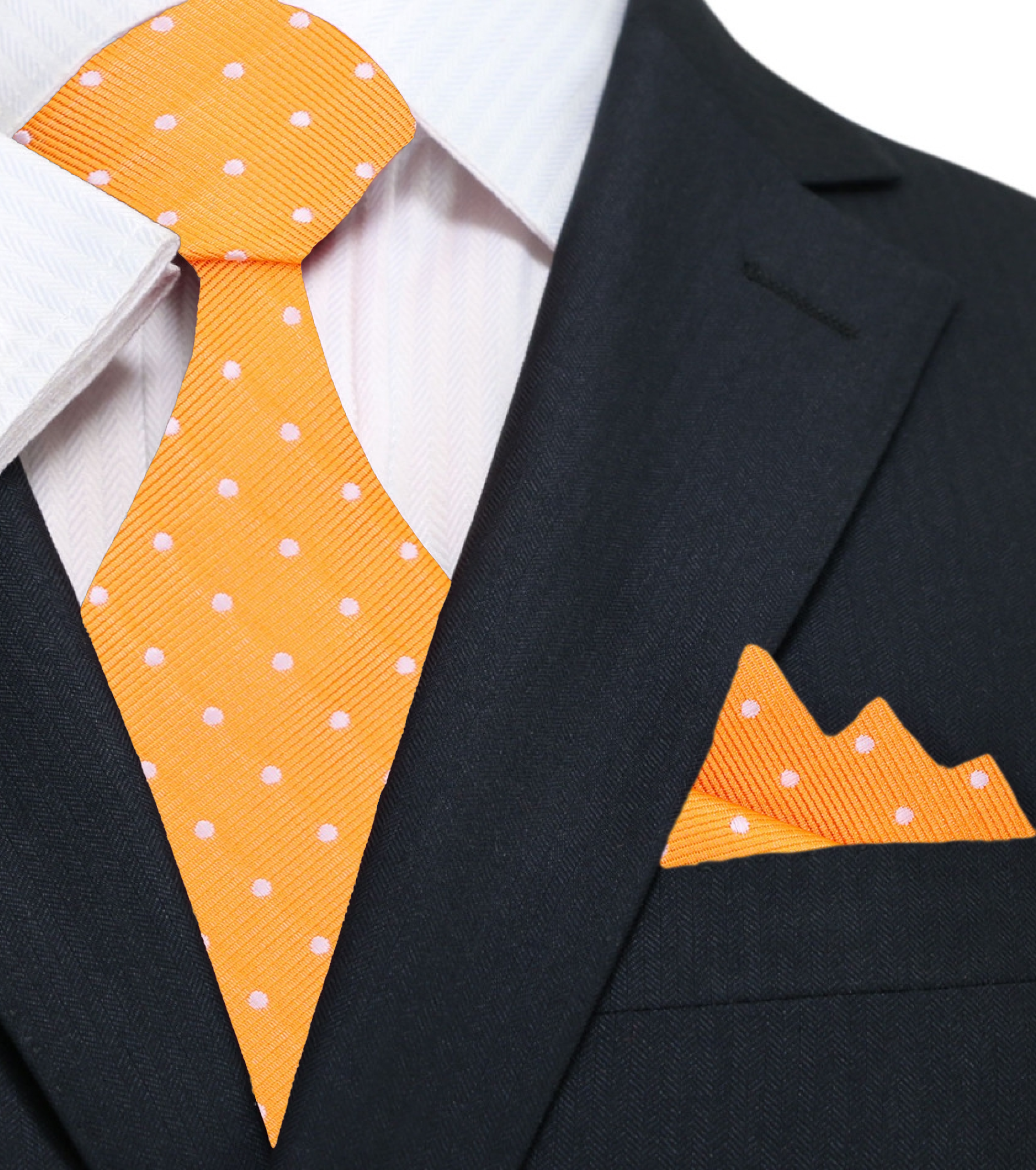 Close-up of a navy silk tie with white polka dots, ideal for formal occasions