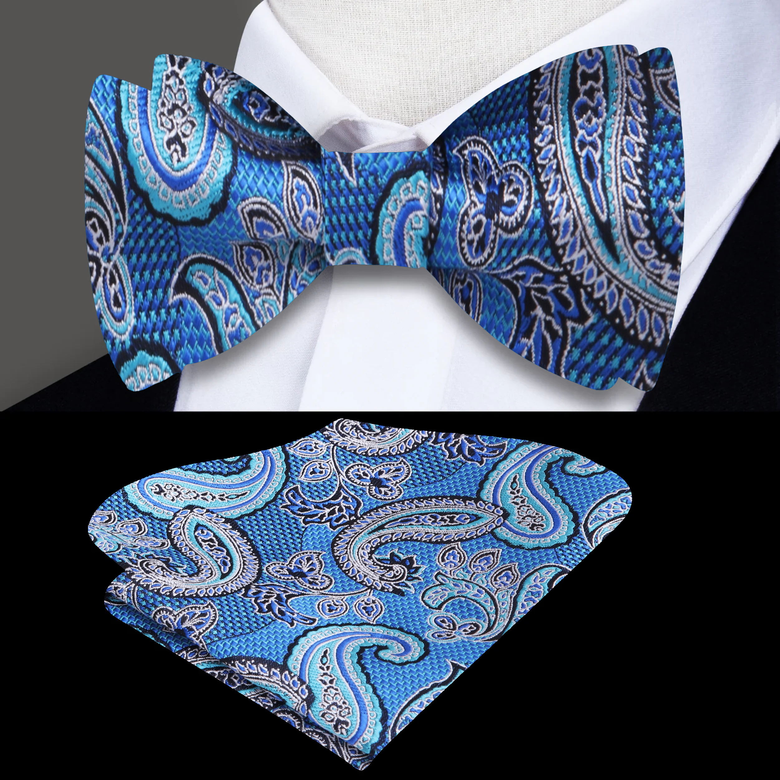 Elegant blue paisley bow tie worn with a white dress shirt for wedding attire