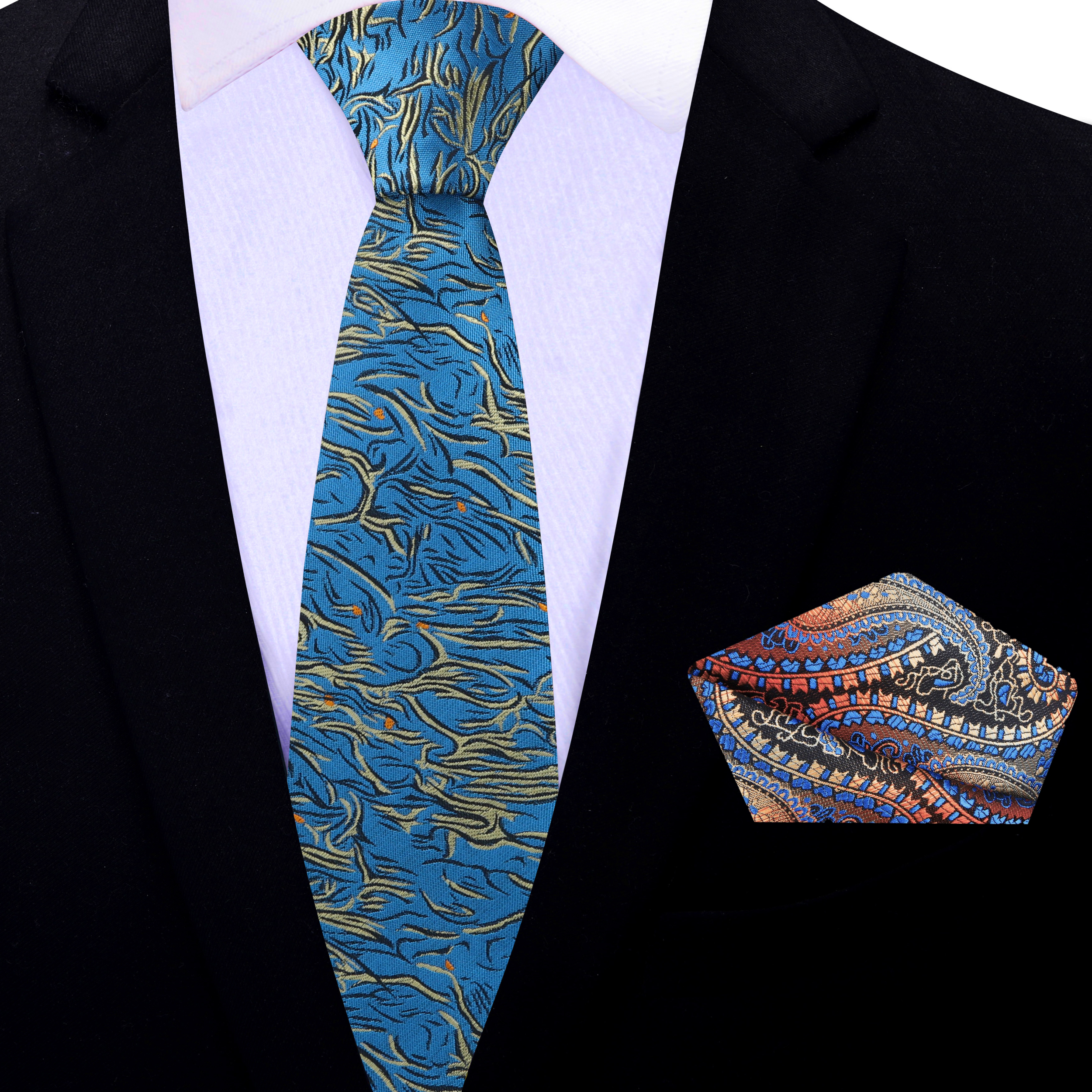 Close-up of the textured abstract pattern on teal silk tie