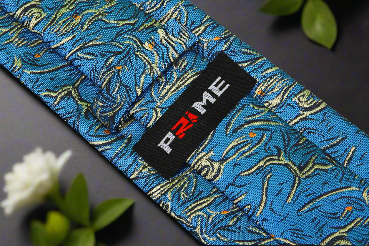 Man wearing teal silk tie with abstract design at a business meeting