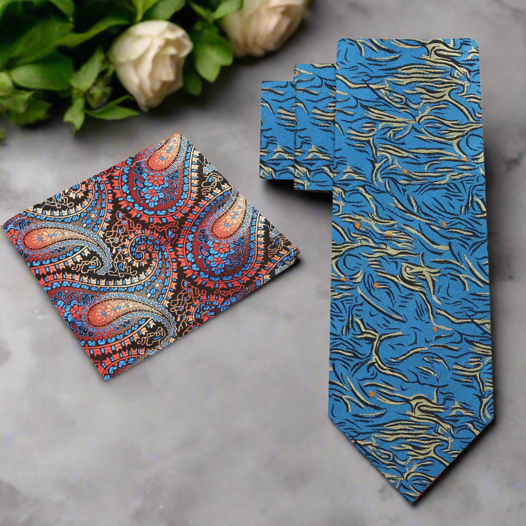 Teal silk necktie with abstract pattern laid flat for display