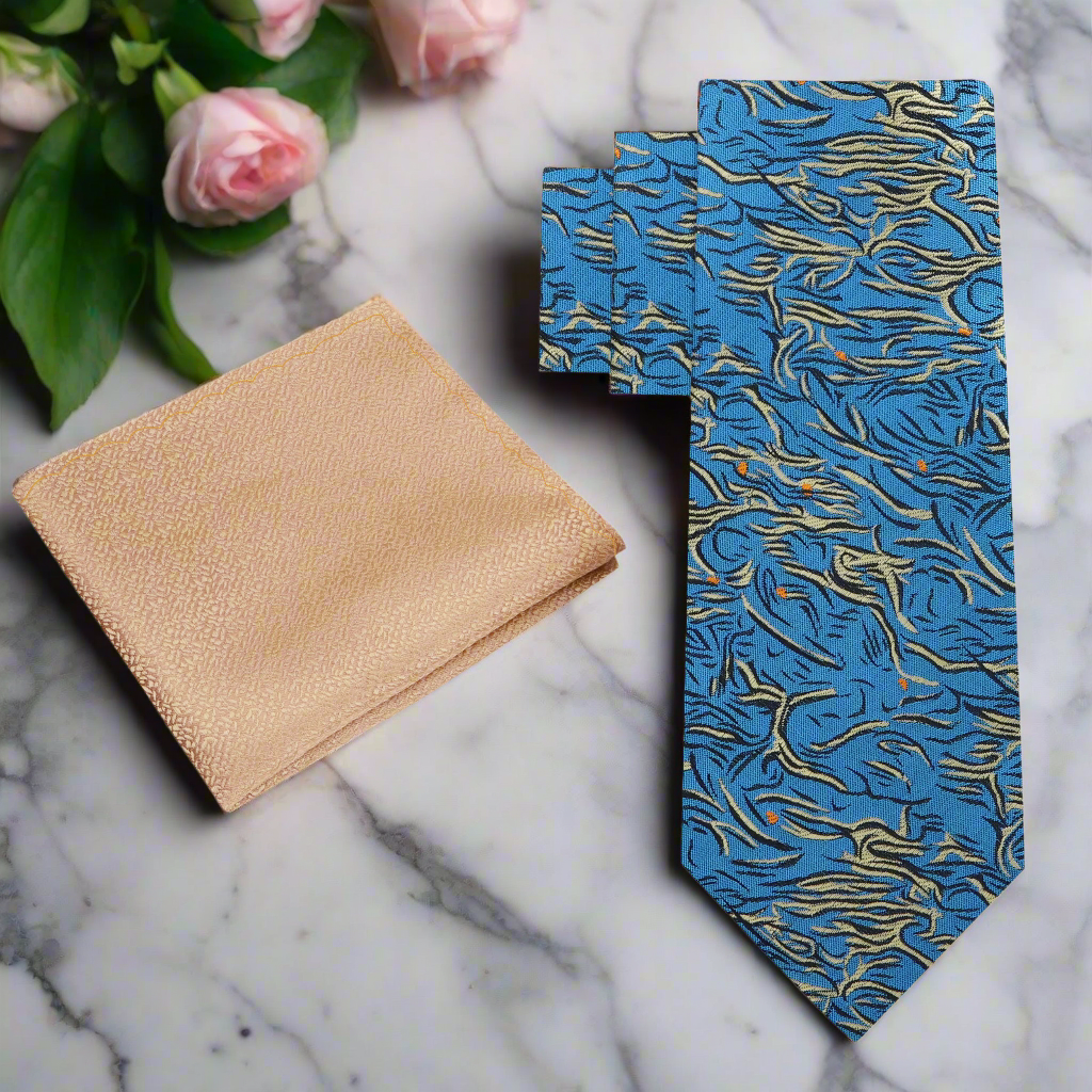 Teal silk necktie with abstract pattern laid flat for display