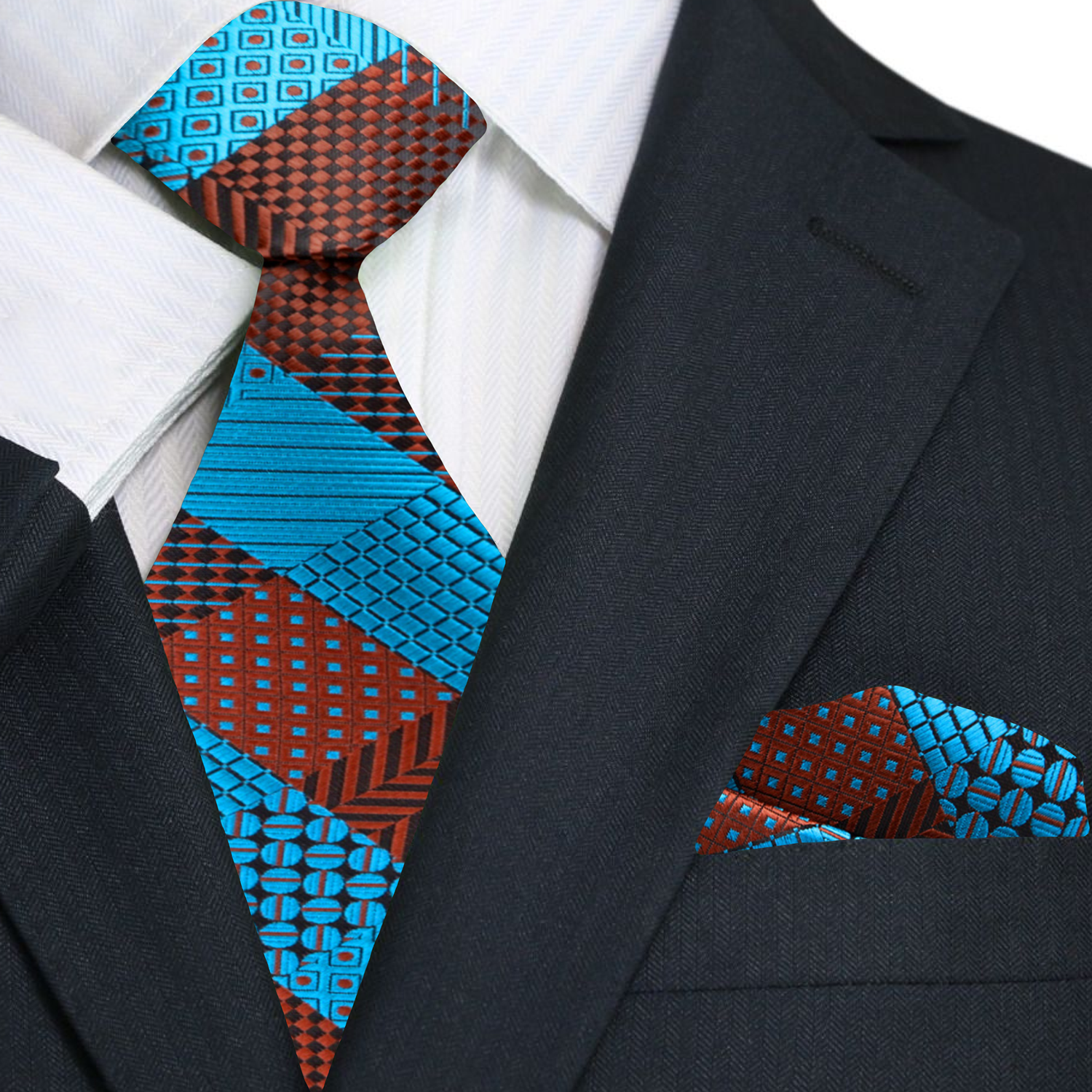 Front view of Malibu geometric silk tie showcasing its modern pattern