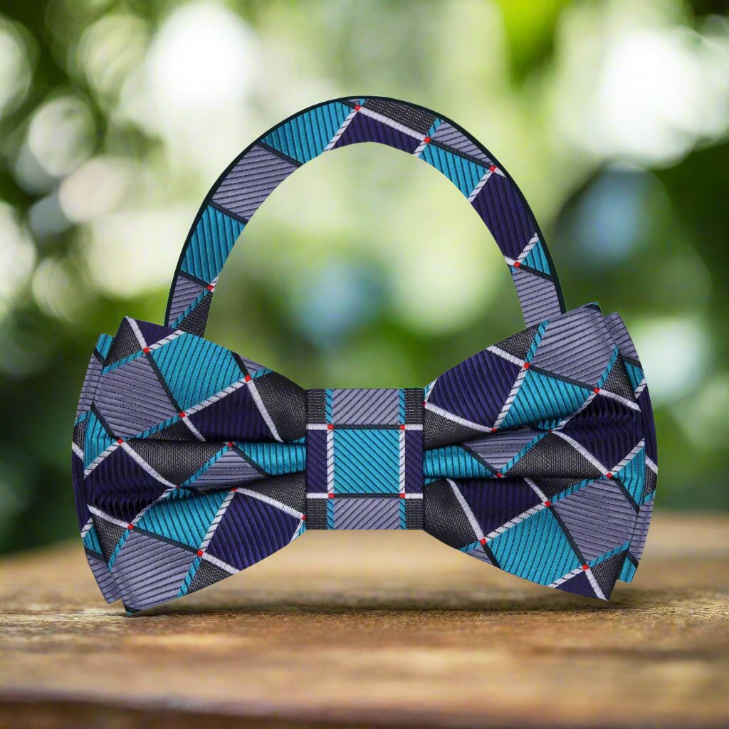 Close-up of a premium geometric bow tie showcasing intricate pattern and silk fabric