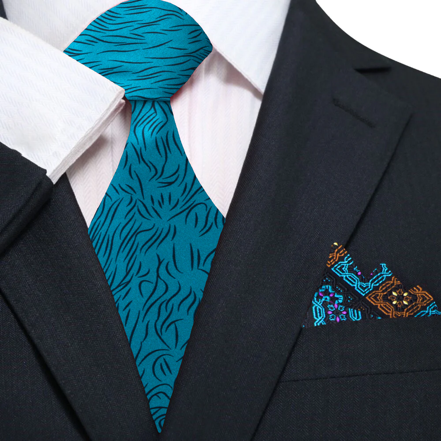Model wearing a teal tie and pocket square set at a formal dinner