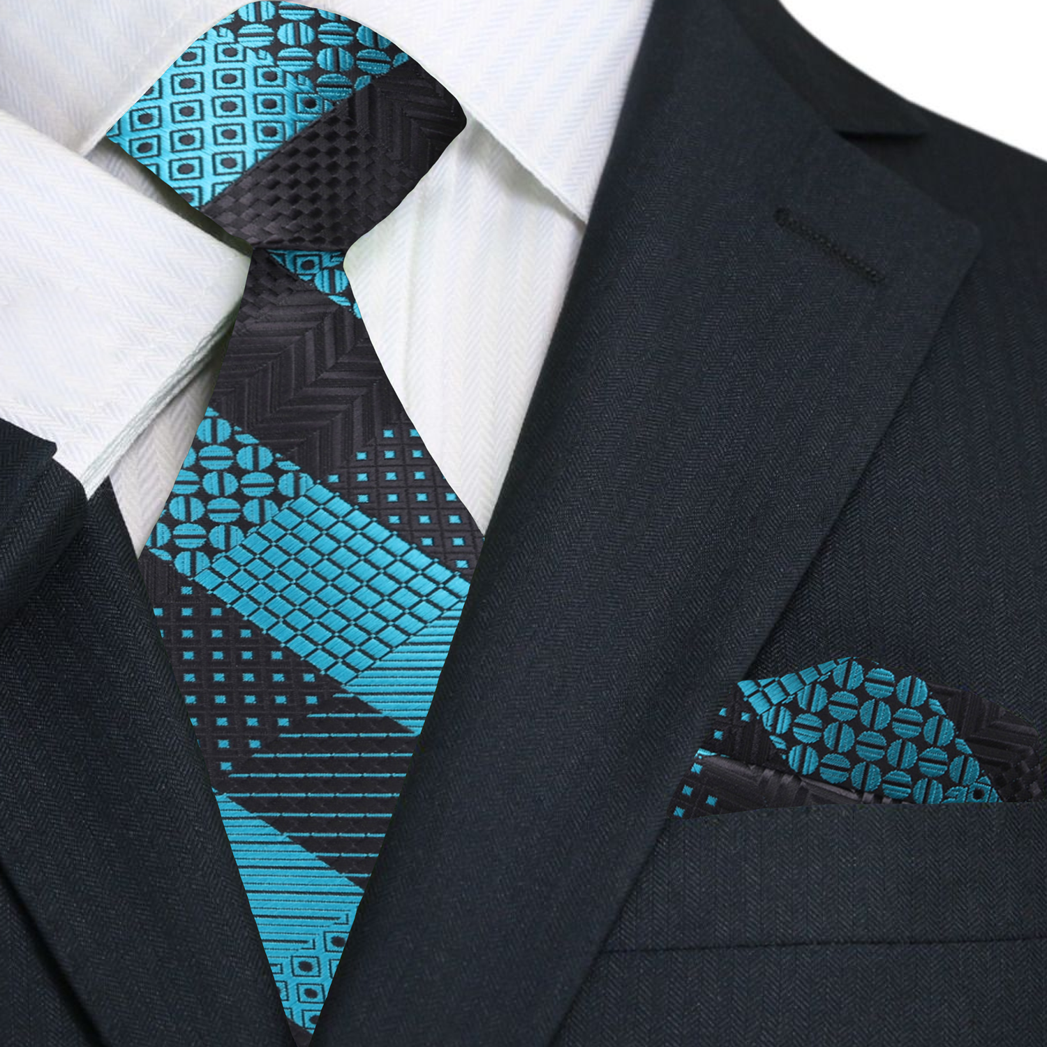 Front view of Malibu geometric silk tie showcasing its modern pattern