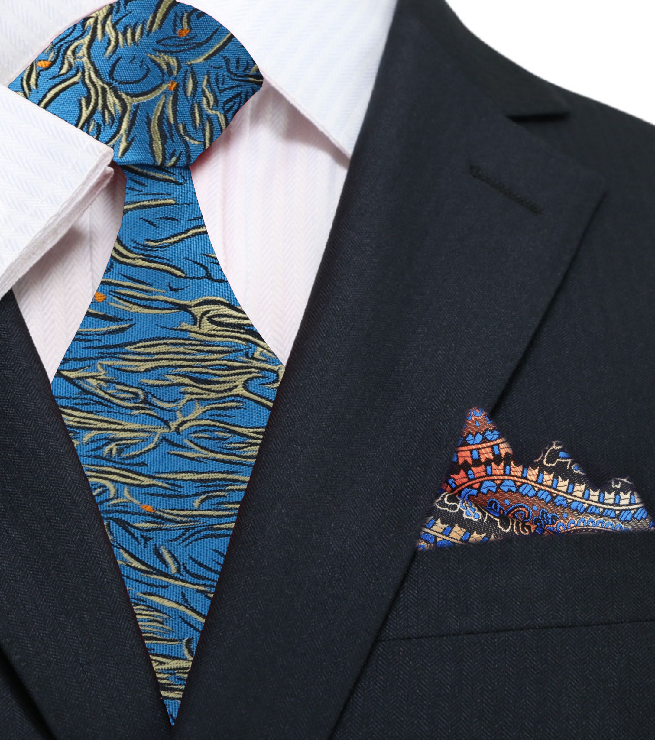 Man wearing teal silk tie with abstract design at a business meeting