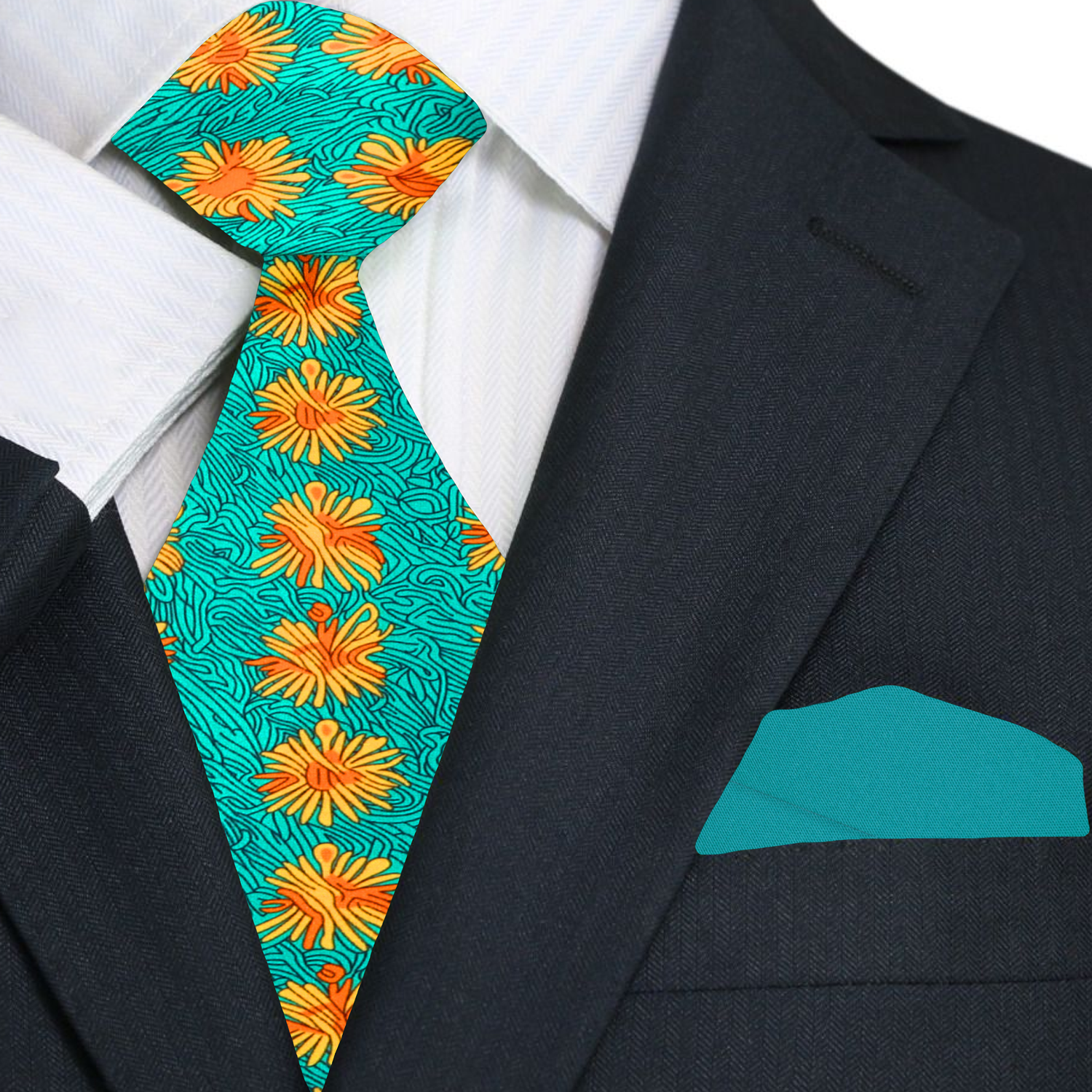 Close-up of the designer necktie with floral pattern, highlighting its intricate details.