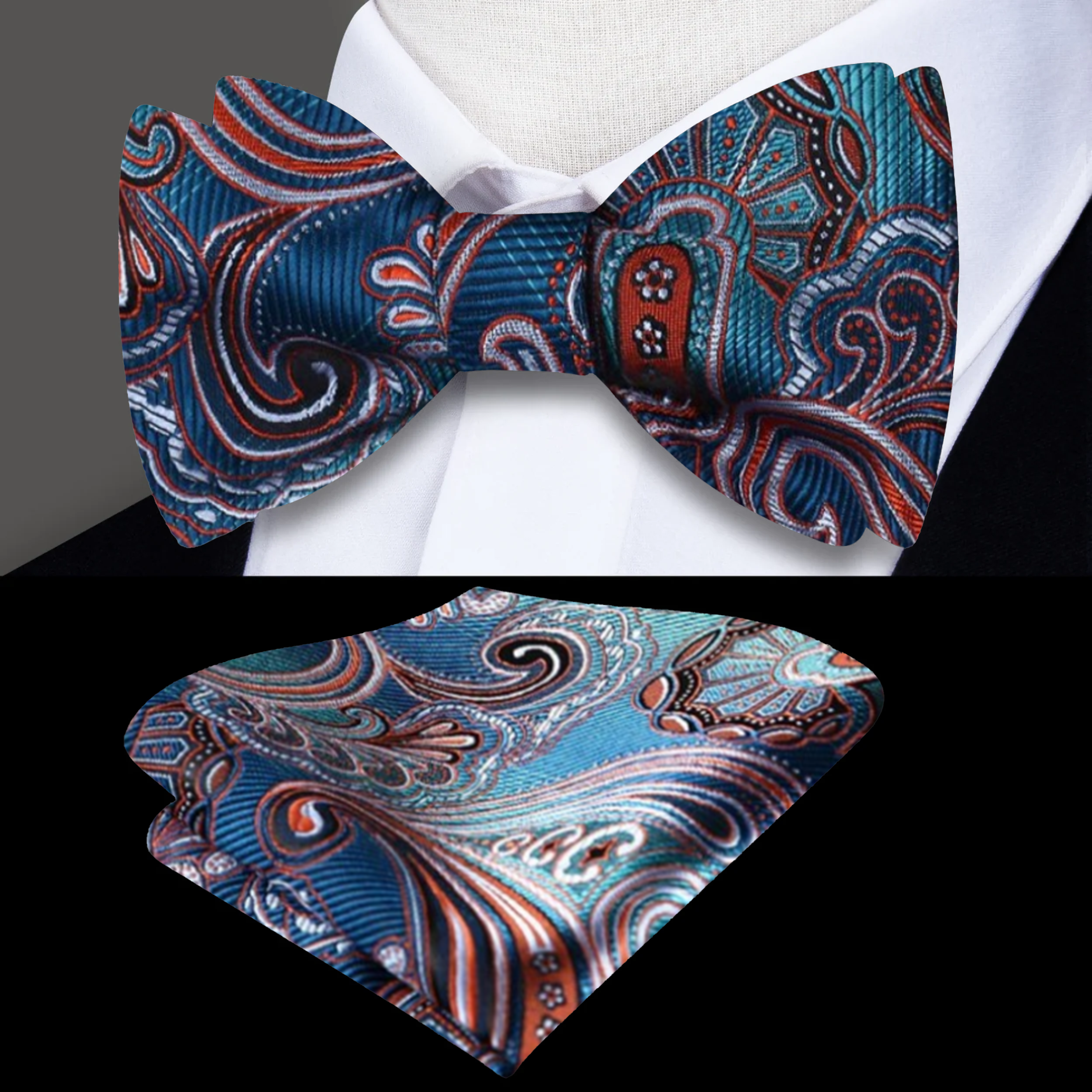 Close-up of luxurious paisley silk self-tie bow tie for men