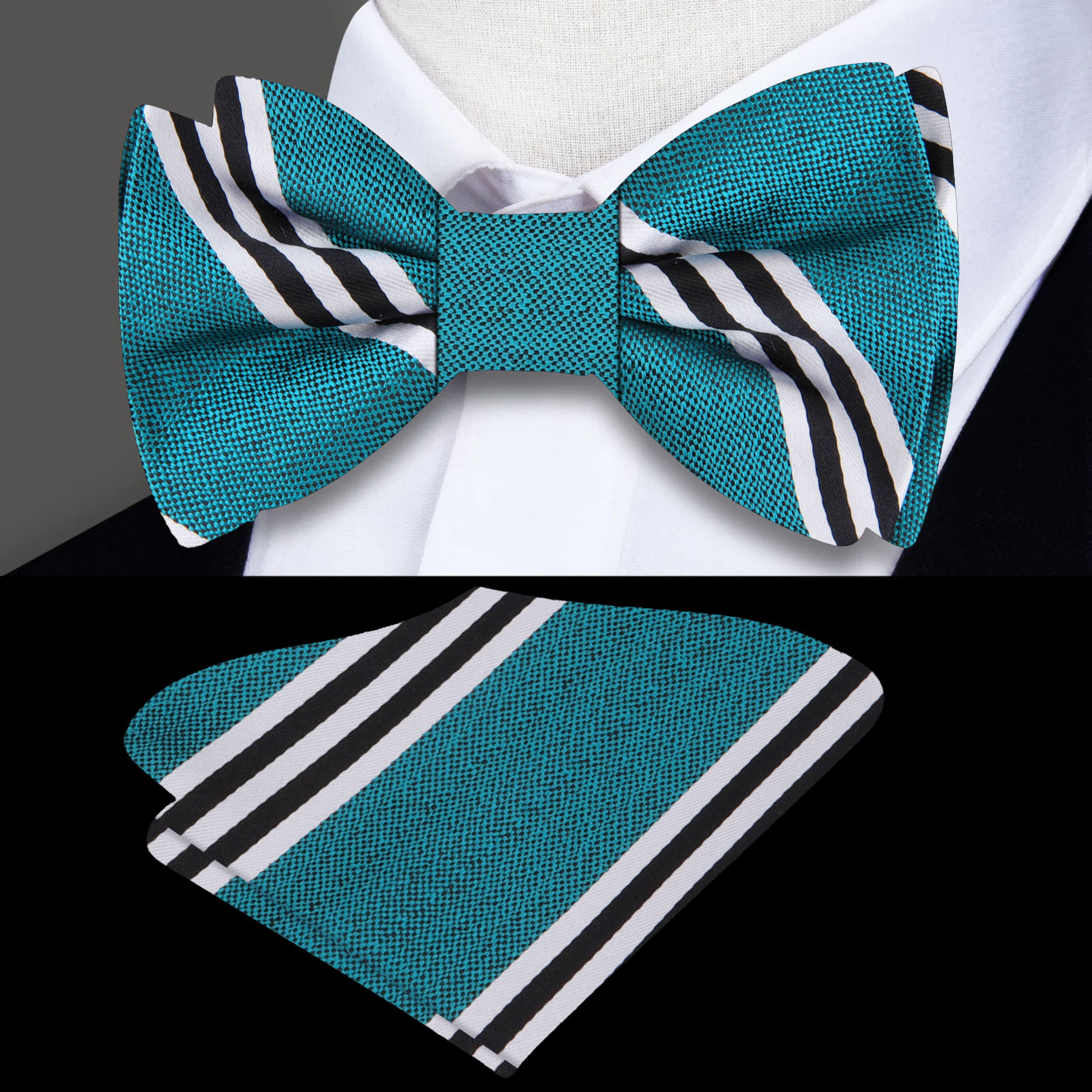 Close-up of a silk bow tie with striped pattern for formal occasions
