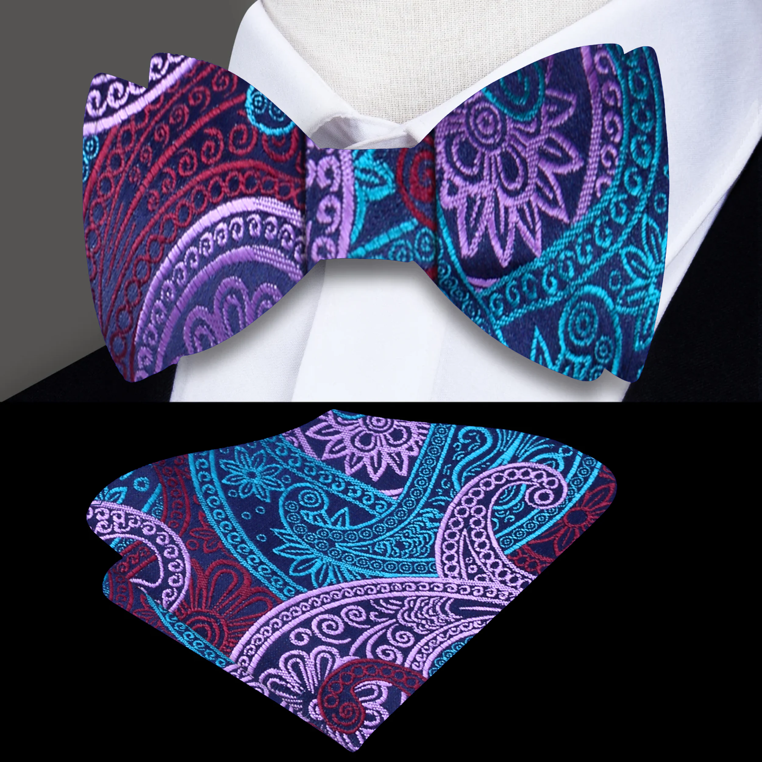 Front view of a stylish paisley bow tie in blue and yellow for men