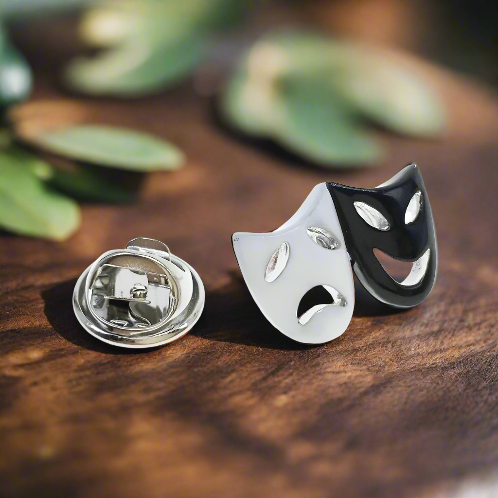 Close-up of a professional film festival lapel pin on a suit lapel