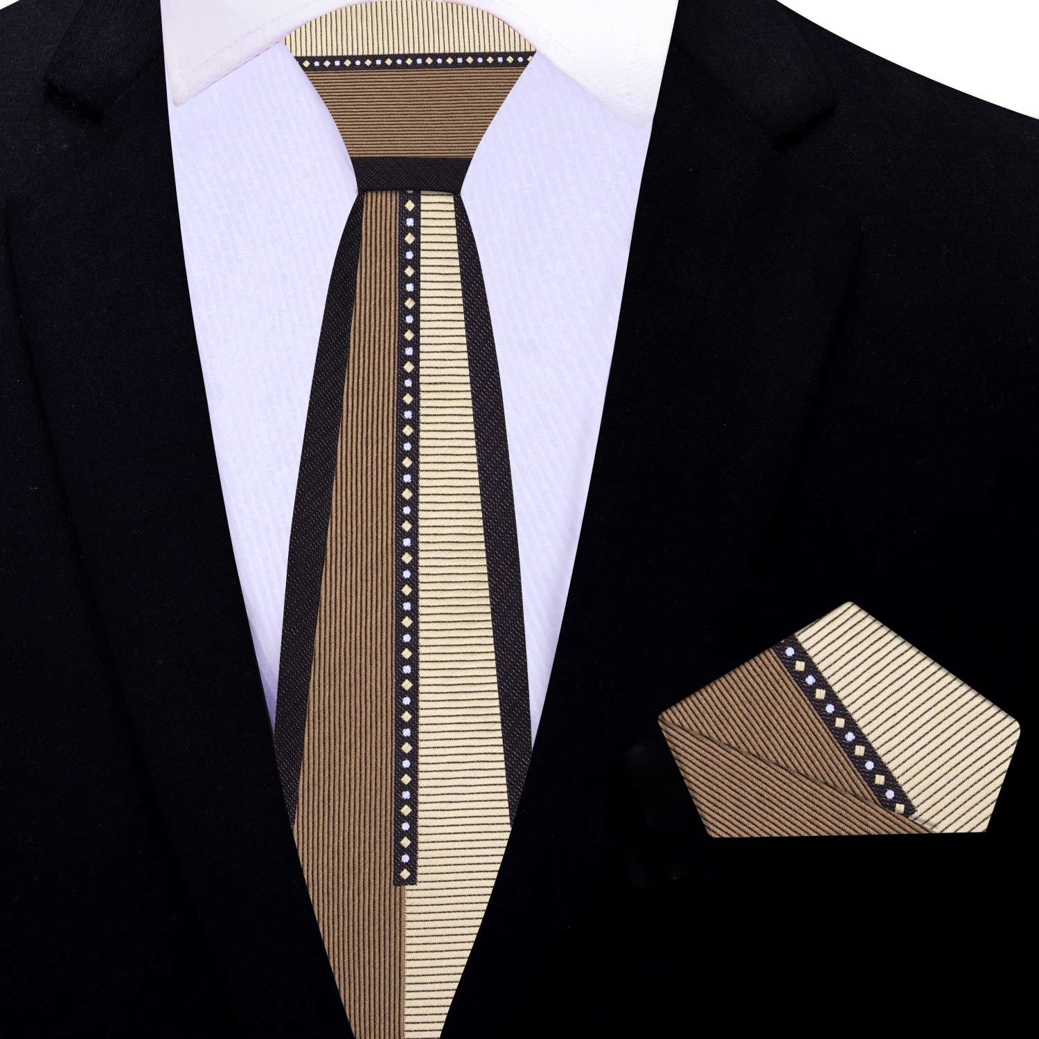 The brown necktie displayed alongside a chocolate brown textured suit.