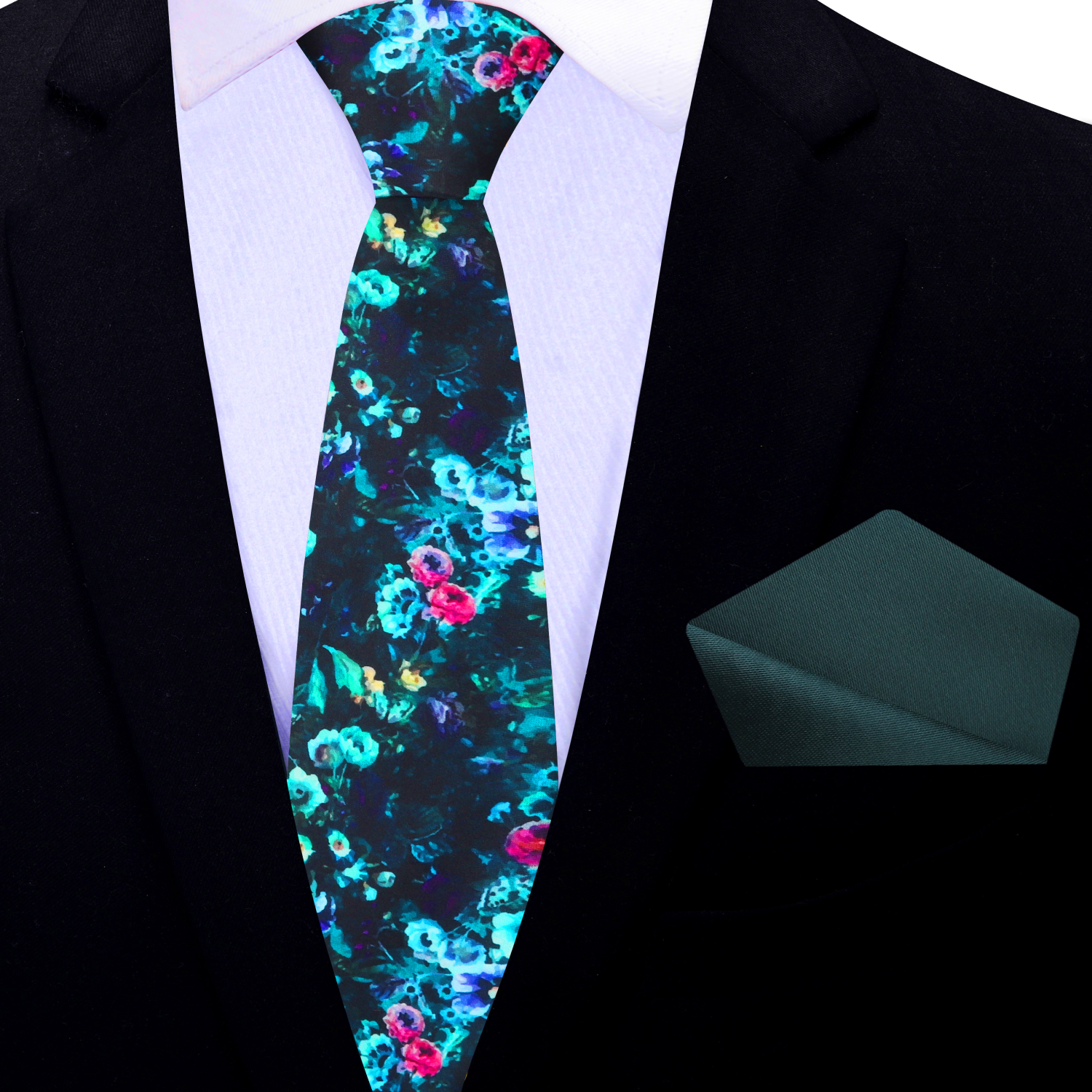Floral necktie styled with a navy suit and white dress shirt for a sophisticated look.
