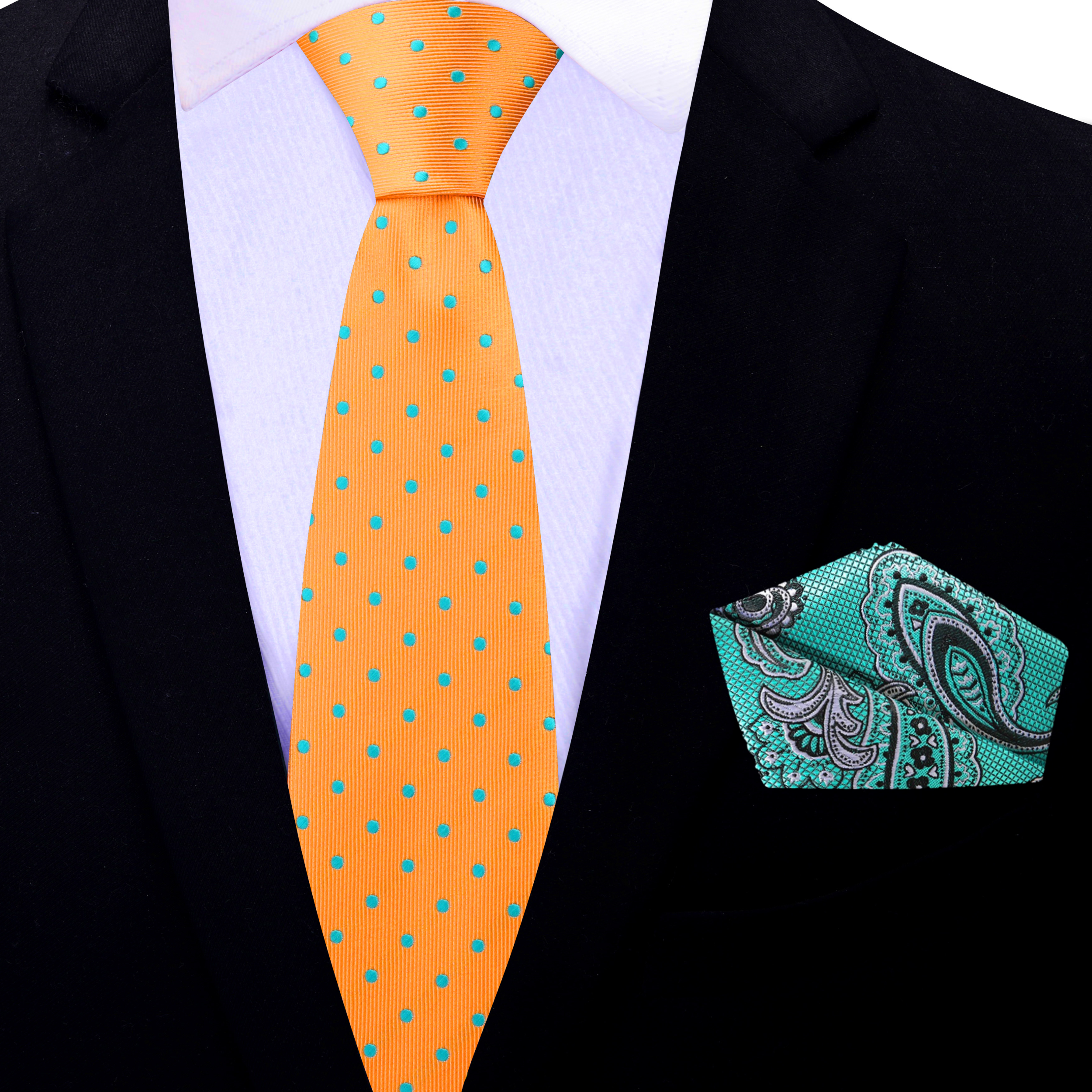 Vibrant orange necktie displayed with a matching pocket square, highlighting its silk texture.