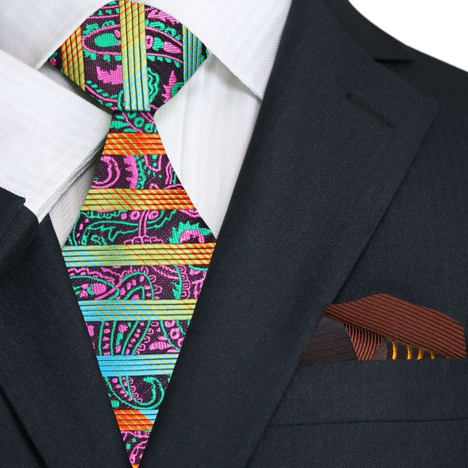 Vibrant paisley silk tie styled with a white dress shirt for a sharp look.