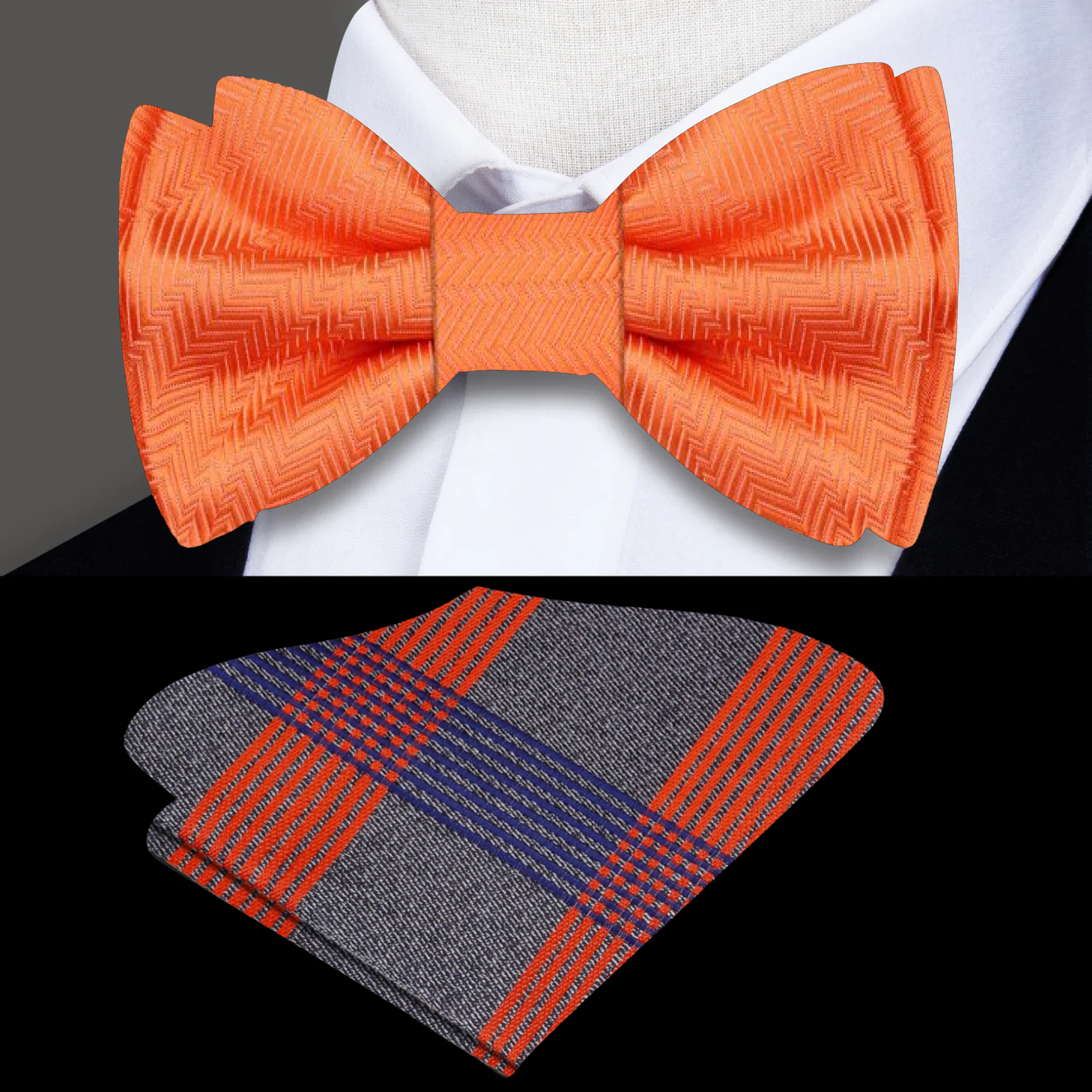 Close-up of the stylish tiger orange silk bow tie, showcasing its texture and vibrant color.