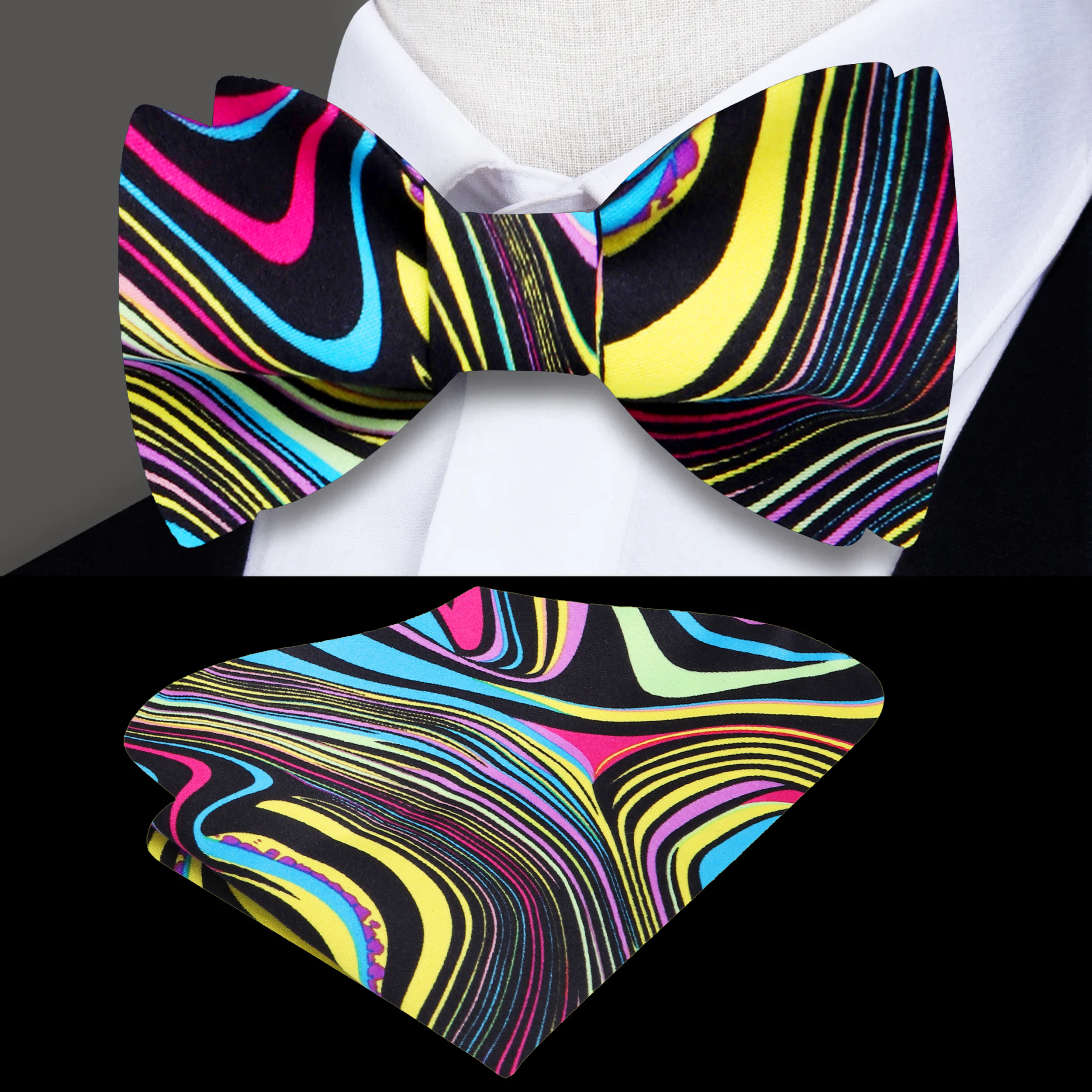 Model wearing pre tied abstract bow tie for men with olive green suit