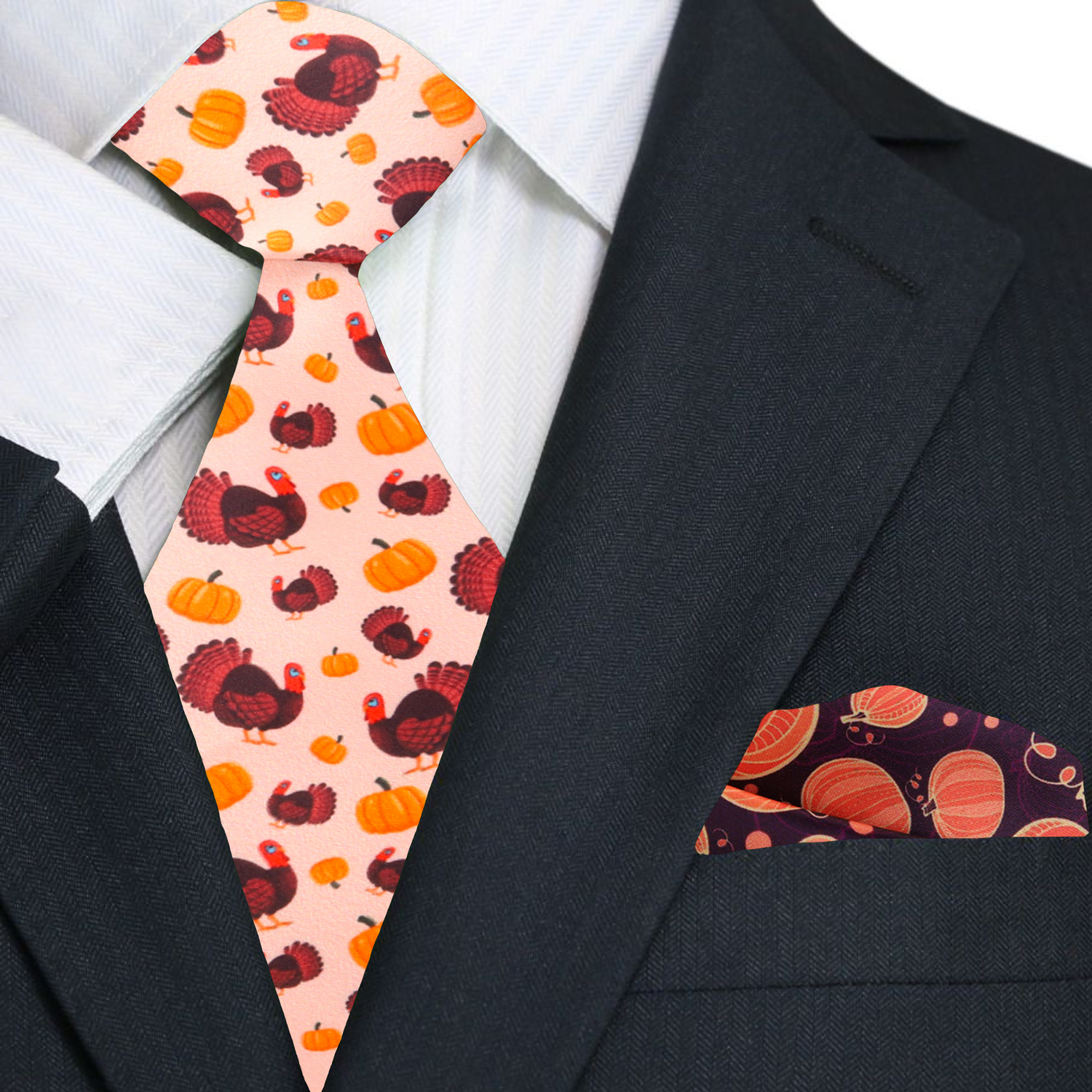 Man wearing the Thanksgiving tie at a holiday dinner, perfectly complementing a cream dress shirt.
