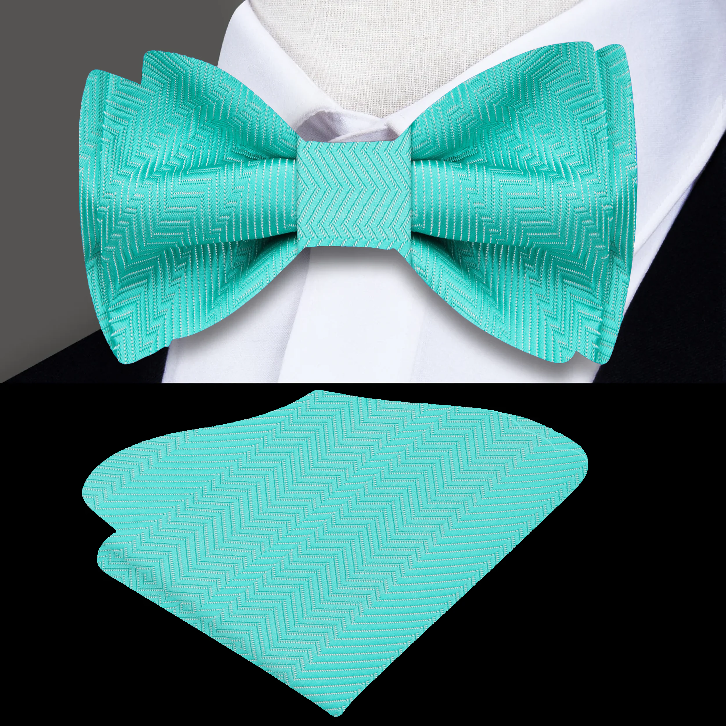 Flat lay of bow tie and pocket square set in vibrant Electric Blue