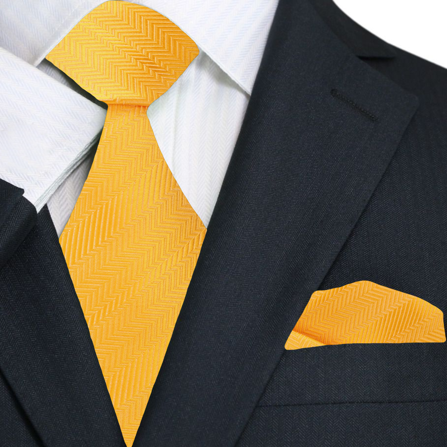 Stylish yellow necktie paired with a charcoal grey suit for a business meeting.