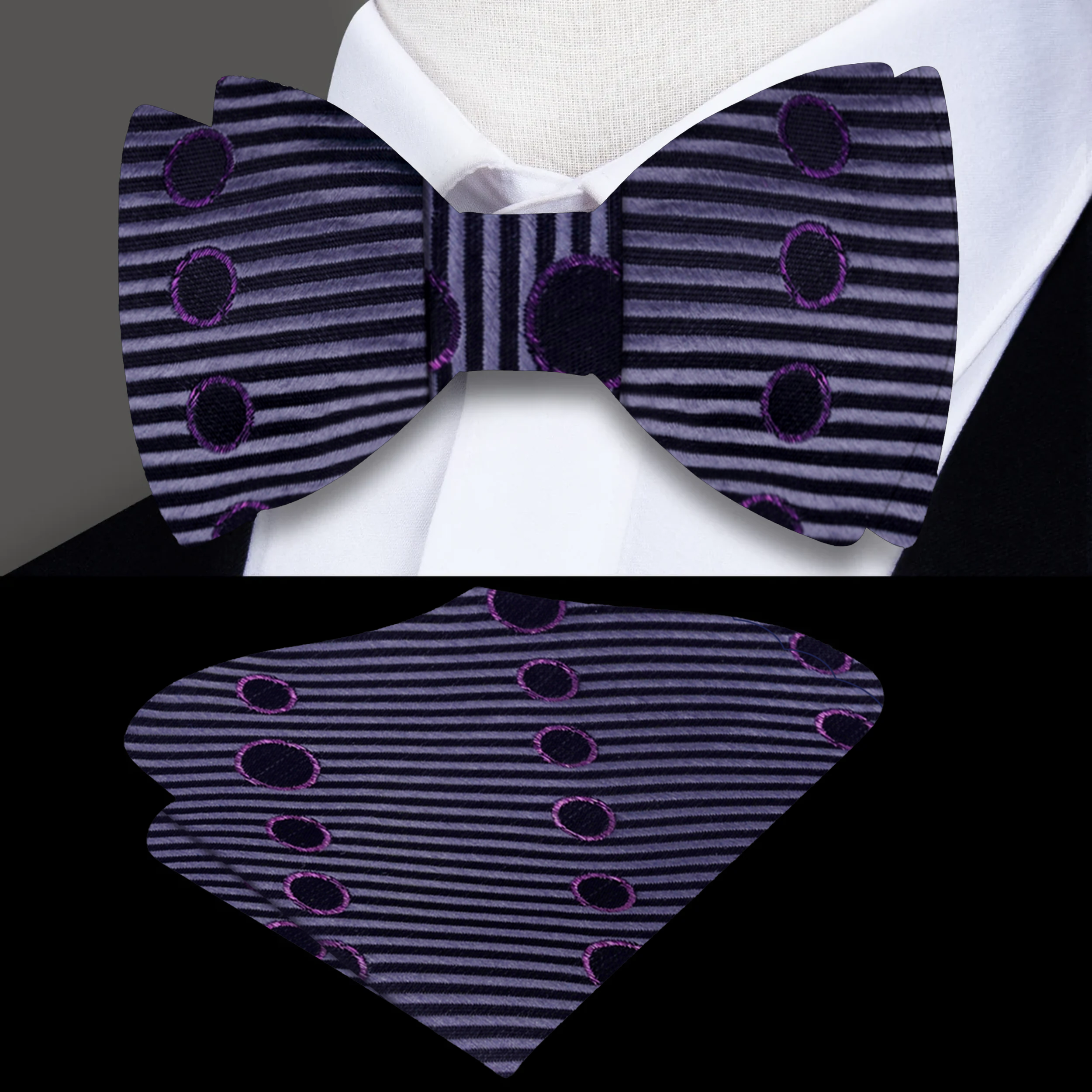 Close-up of silk self-tie bow tie showing black, grey, and purple abstract pattern