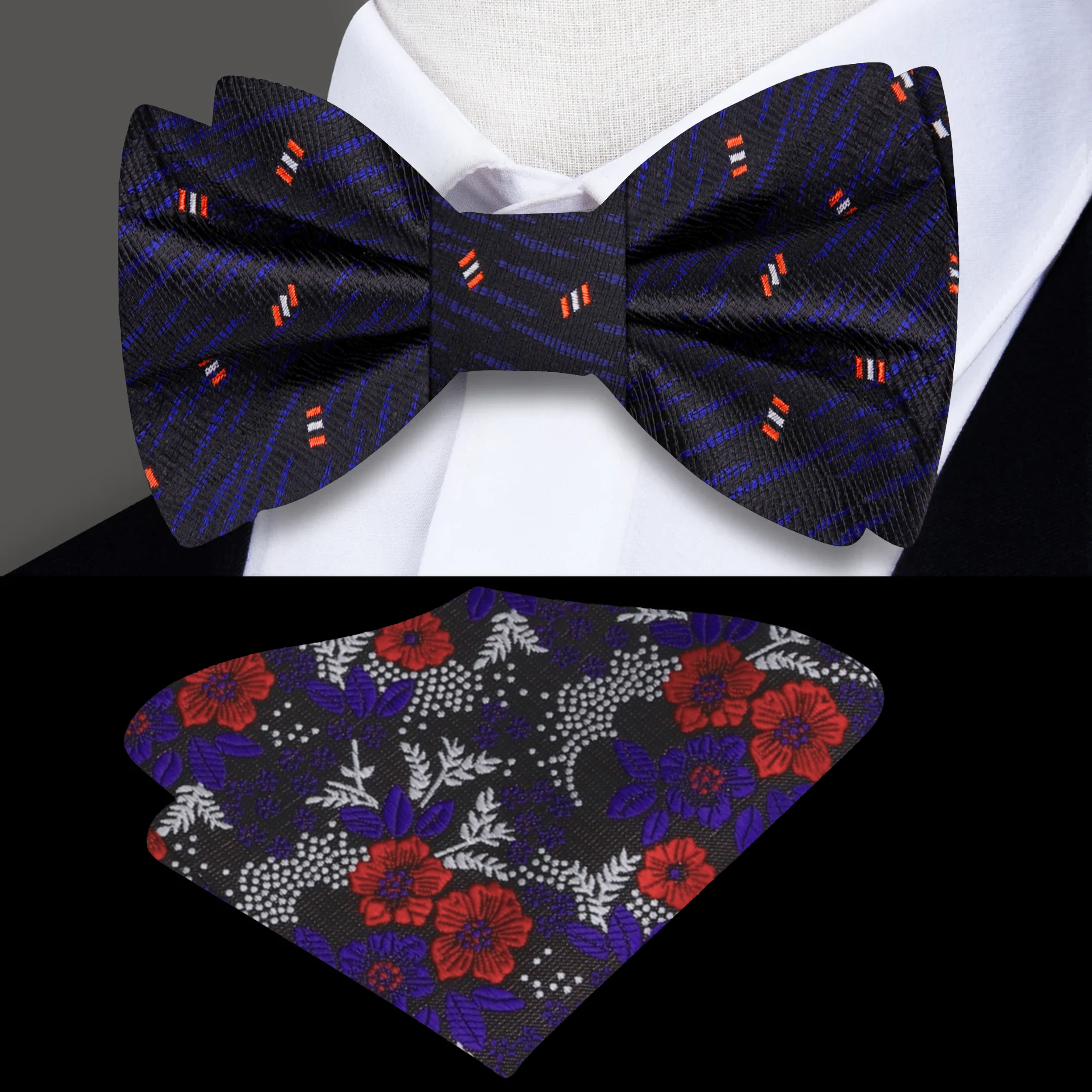 Cosmic Elegance Bow Tie showcasing red and white satellites against a dark blue background, perfect for formal events.
