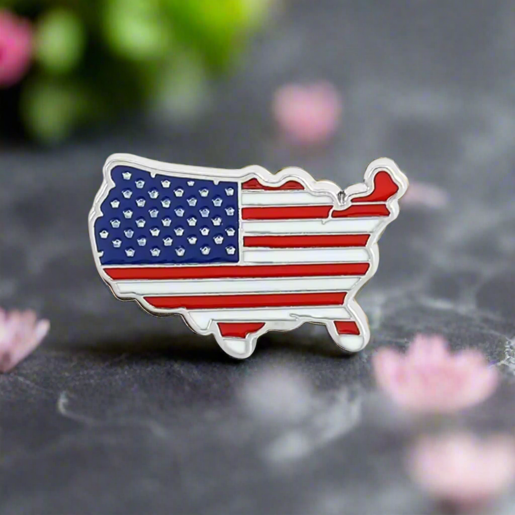 Close-up of the handmade USA flag lapel pin highlighting its vibrant colors and craftsmanship.