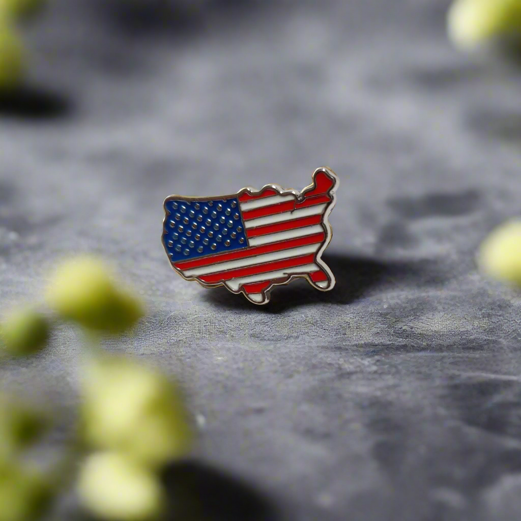 Patriotic lapel pin worn on a navy suit, symbolizing American pride at a formal event.