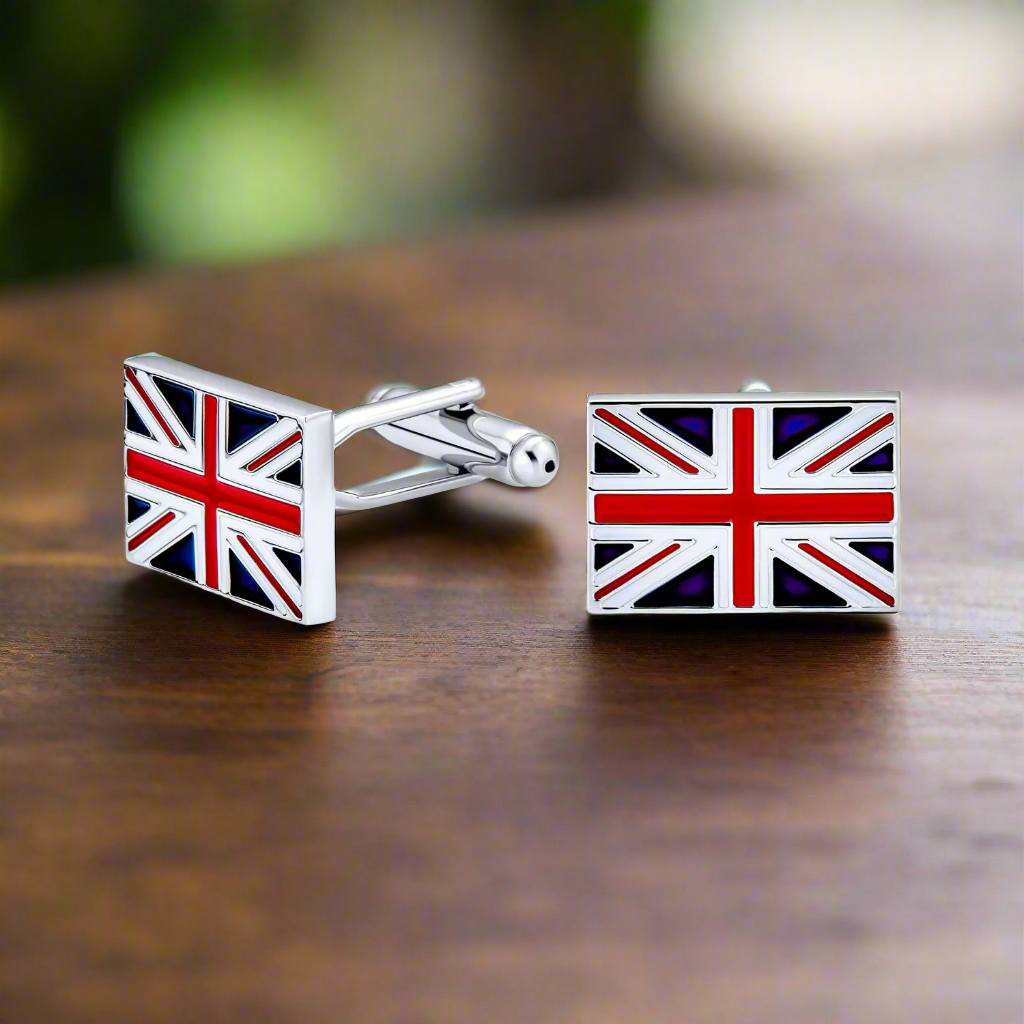 Close-up of Union Jack cufflinks showcasing vibrant colors.