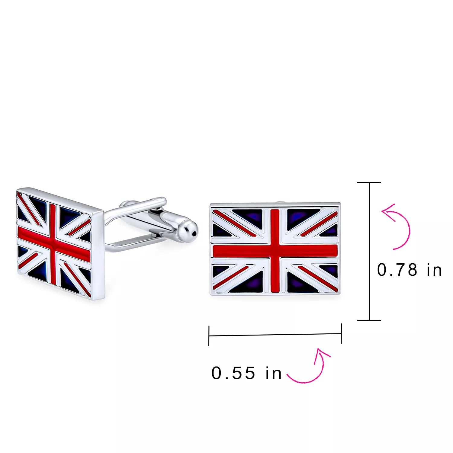 Close-up of Union Jack cufflinks showcasing vibrant colors.
