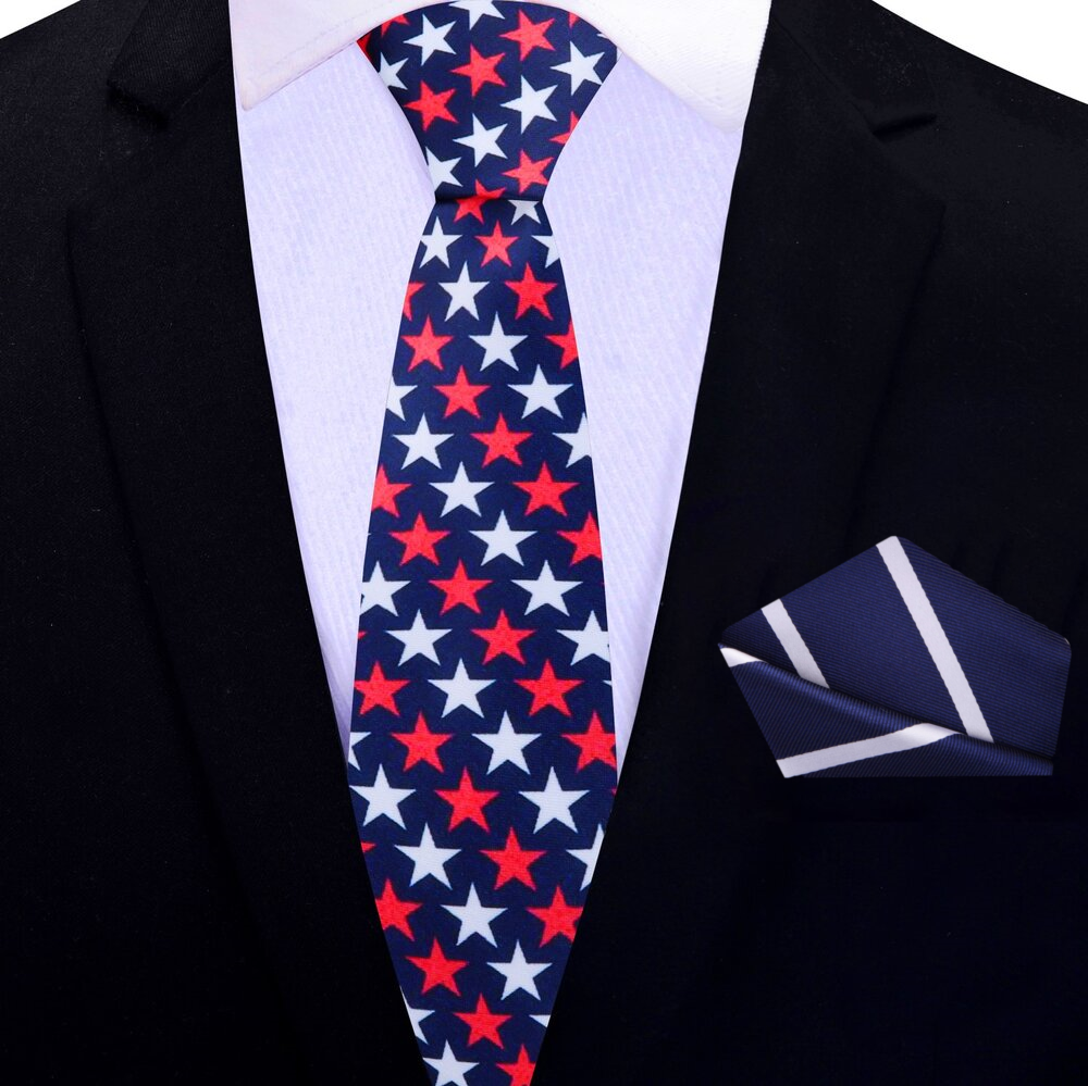 Close-up of patriotic mens necktie showcasing red, white, and blue colors