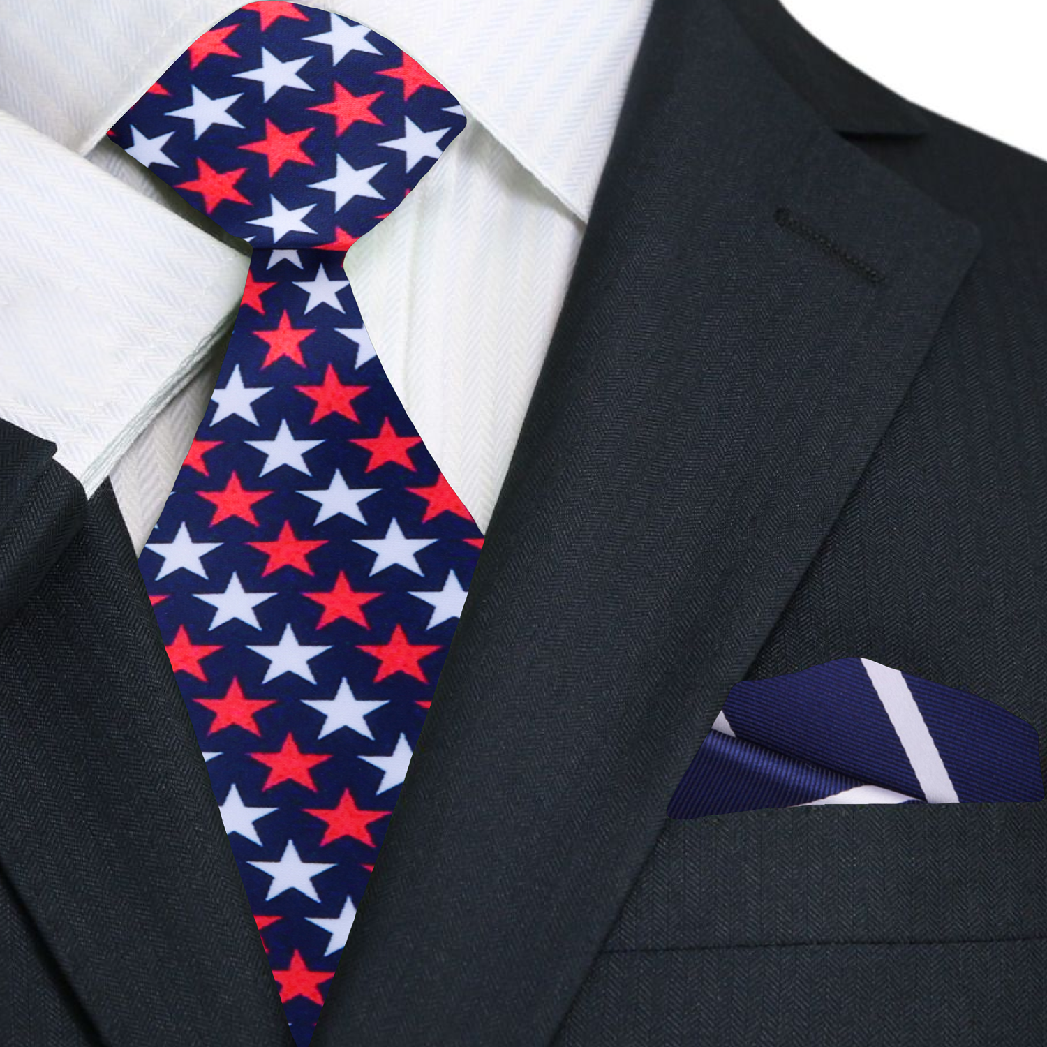 Man wearing patriotic tie with navy suit for Independence Day