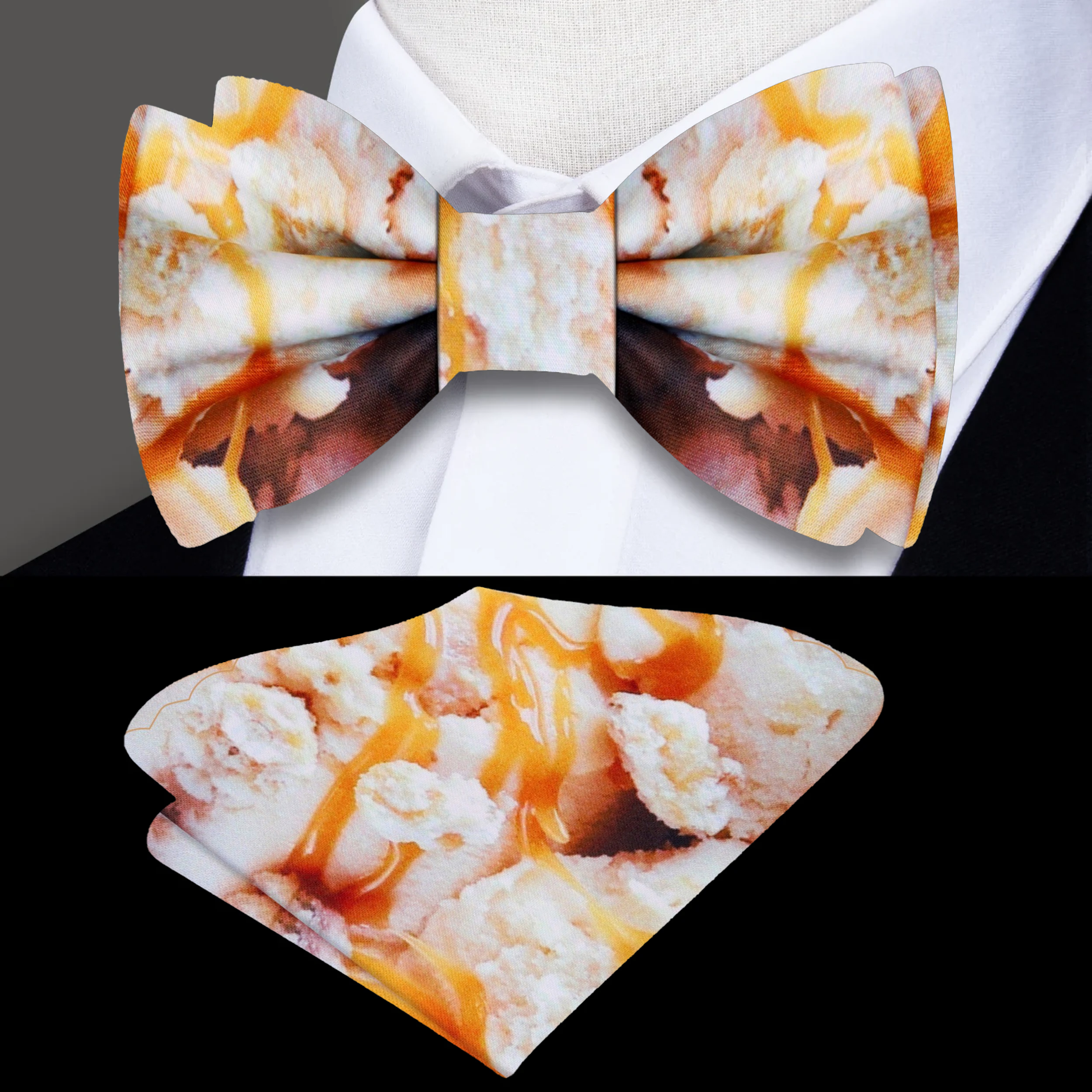 Close-up view of the Caramel Swirl Silk Bow Tie showcasing its intricate design and colors.