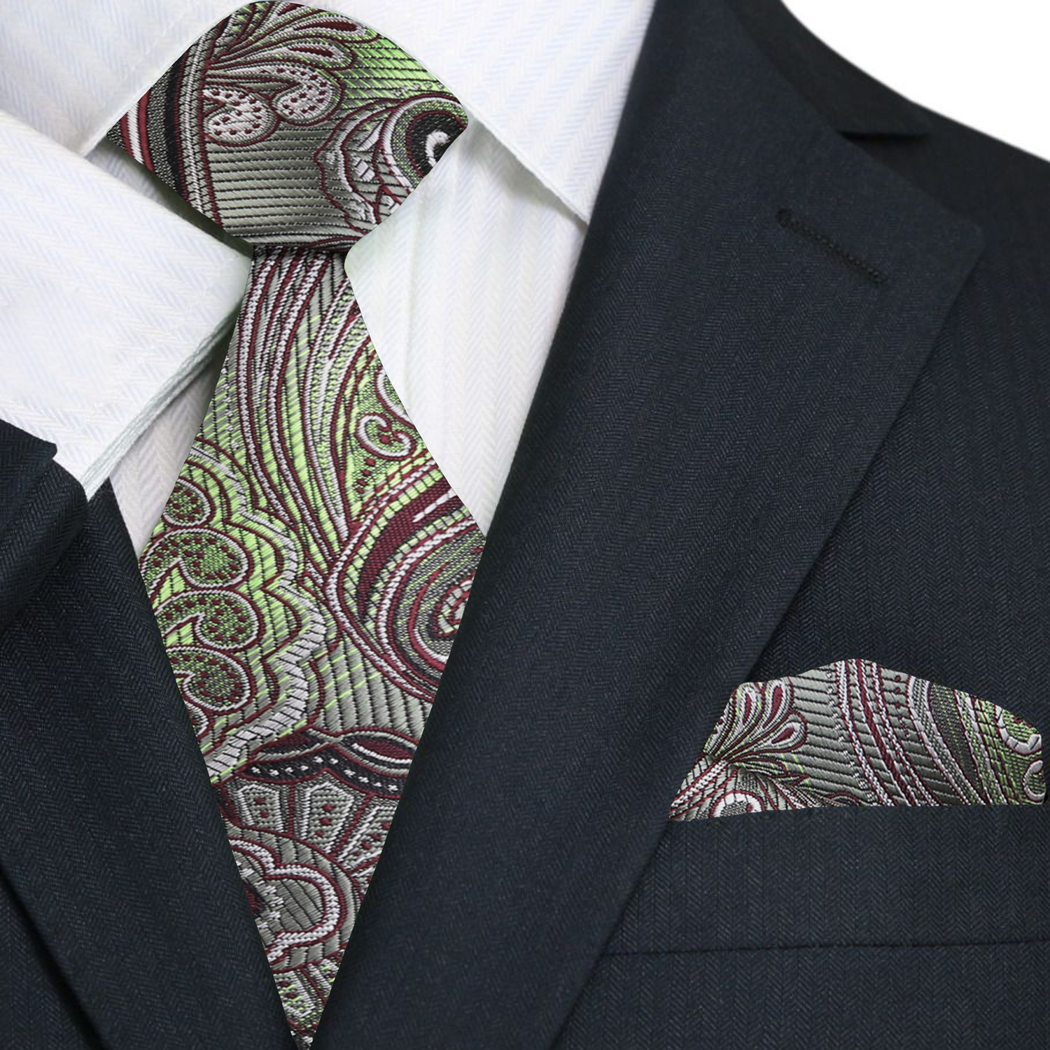Elegant paisley silk tie in grey, green, and burgundy for formal events