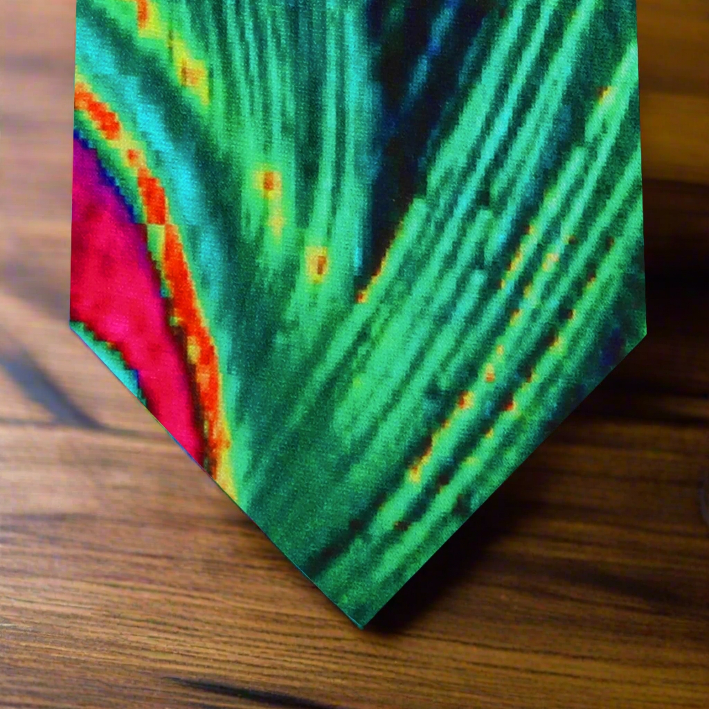 Close-up of the rich colors and fine silk texture of the peacock tie