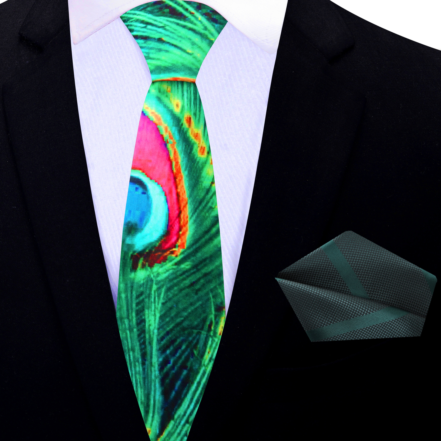 Front view of vibrant peacock motif silk tie with intricate digital pattern