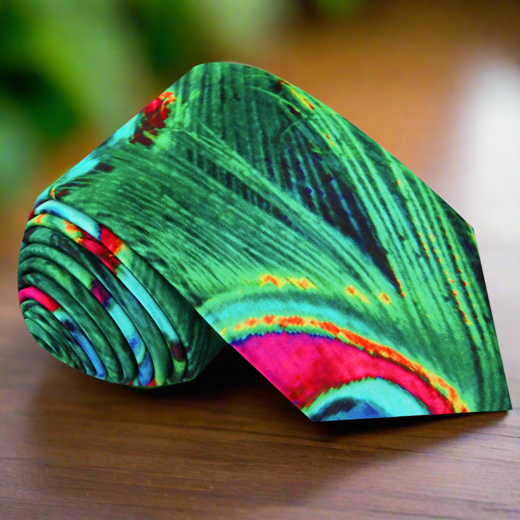 Front view of vibrant peacock motif silk tie with intricate digital pattern
