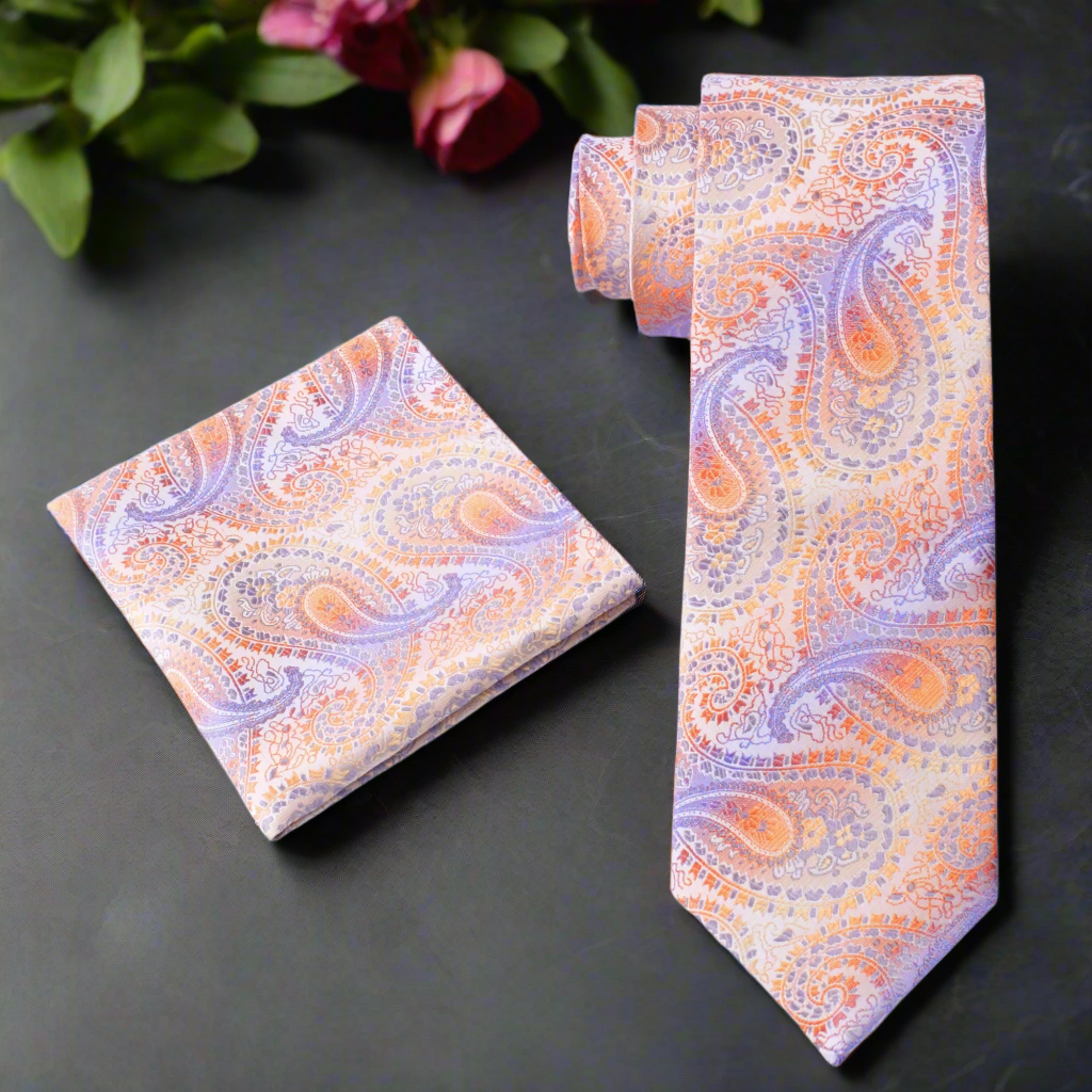 Vibrant orange purple paisley silk tie displayed on a mannequin for formal wear