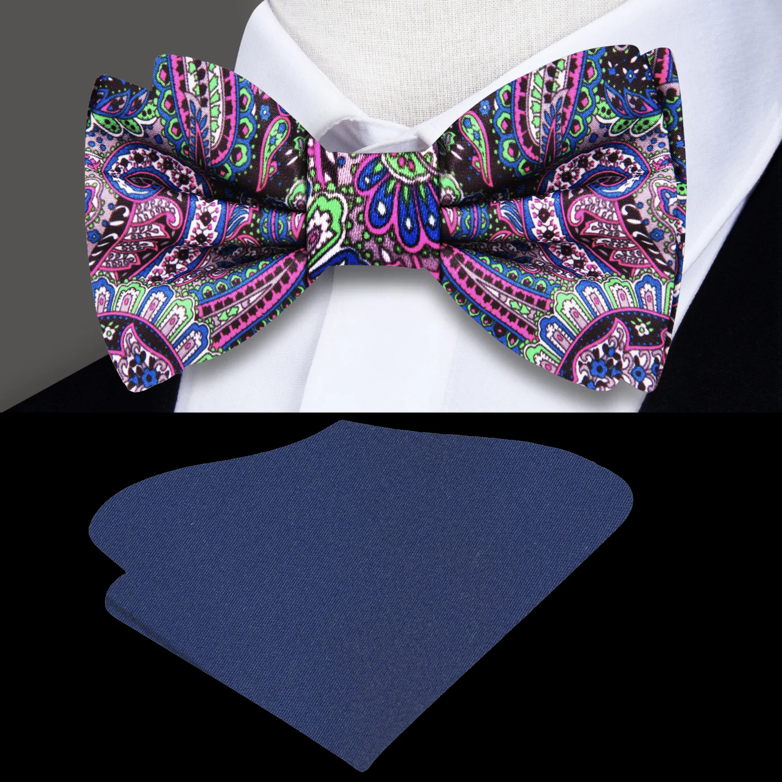 Close-up of abstract silk bow tie with vibrant colors for weddings
