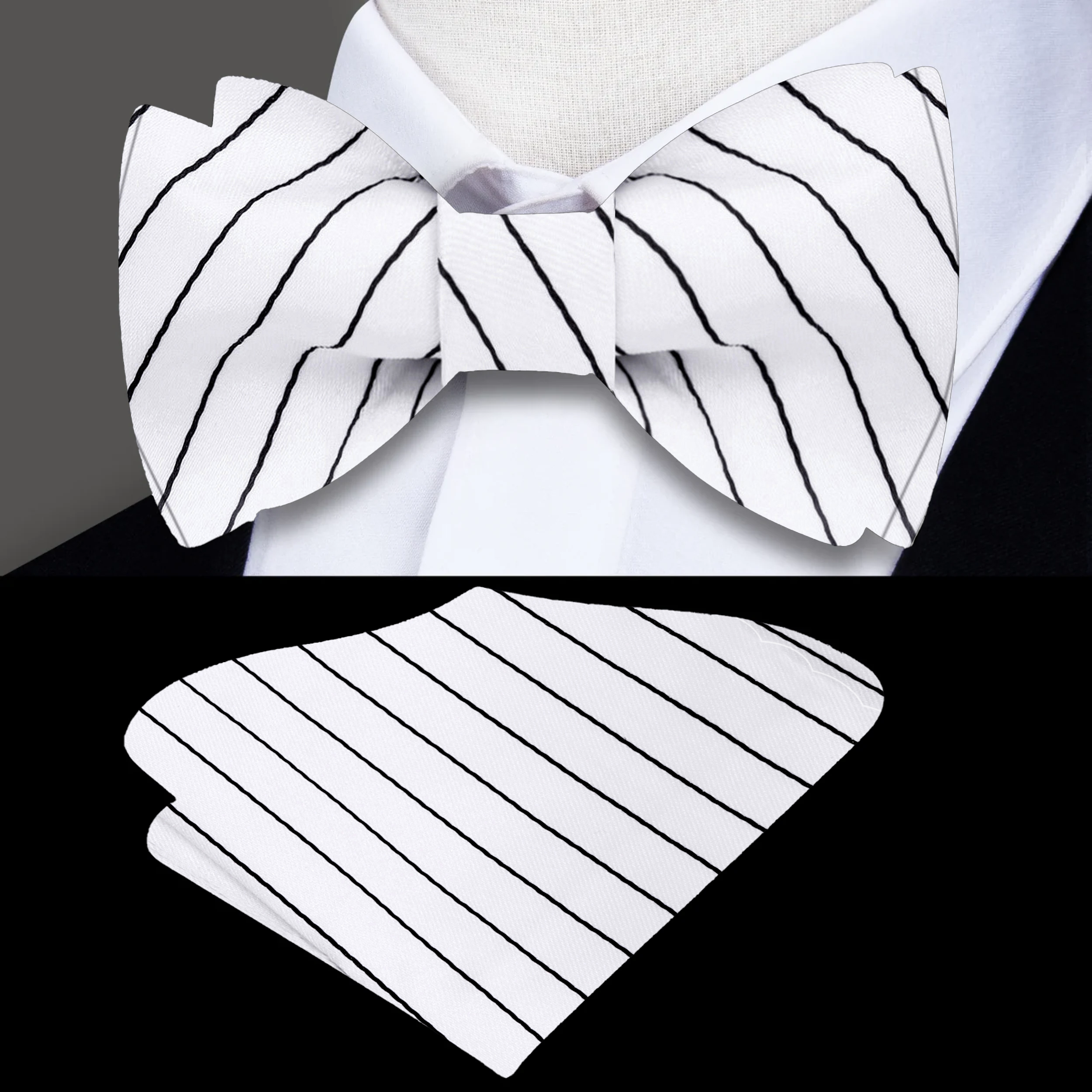 Close-up of a red and black striped bow tie, showcasing its elegant design and silk texture.