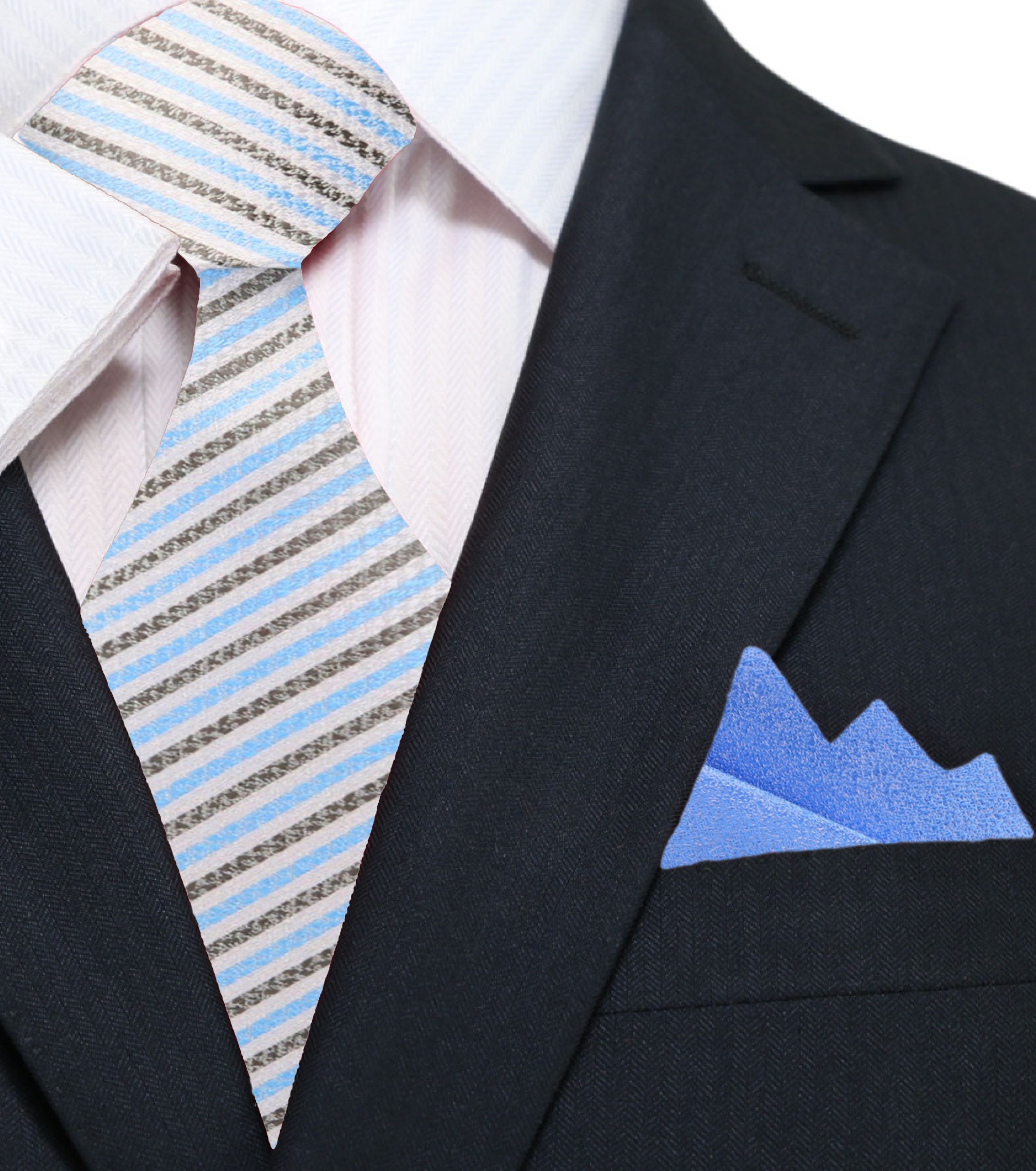 Fashionable silk necktie with blue stripes paired with a white dress shirt