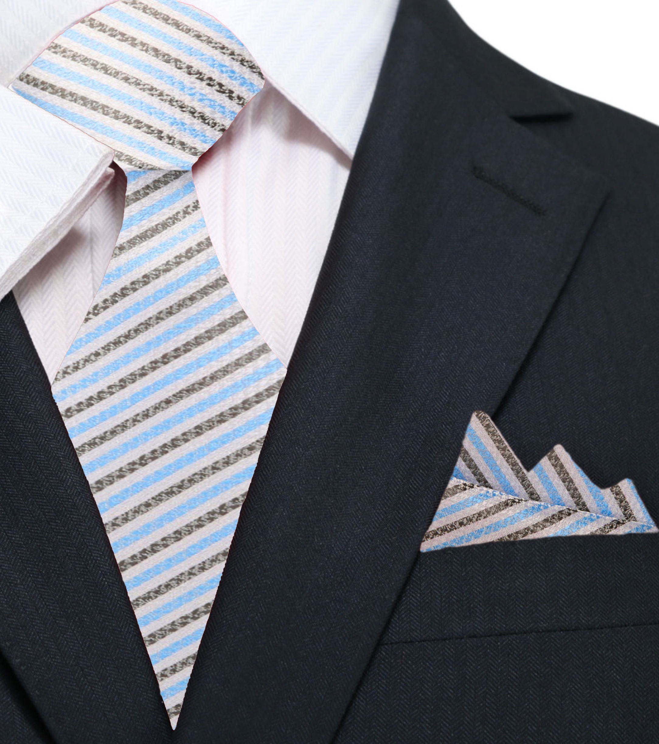 Fashionable silk necktie with blue stripes paired with a white dress shirt