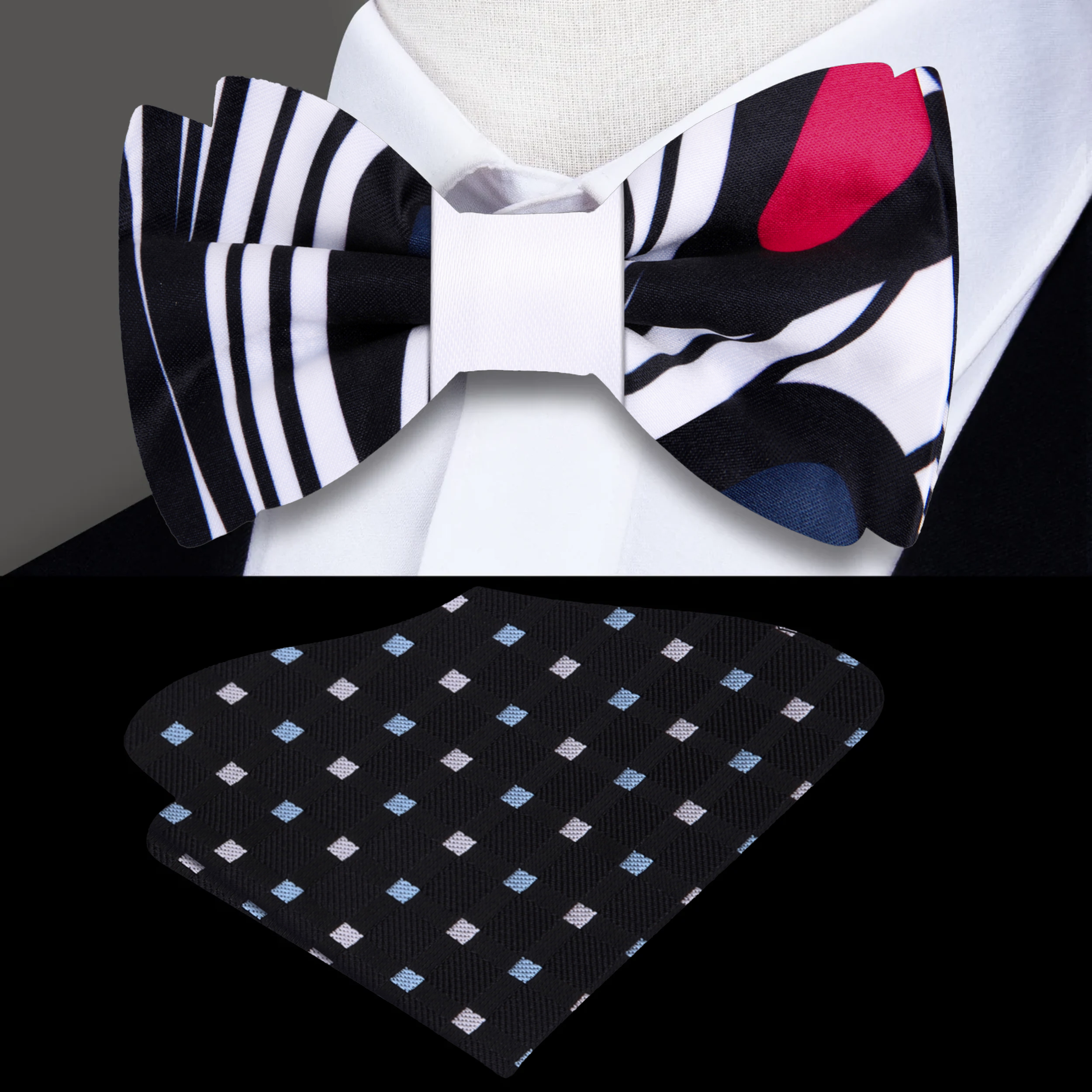 Close-up of the elegant paisley bow tie showcasing its intricate pattern and colors.