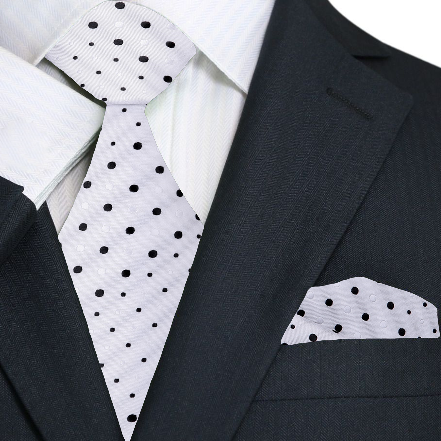 Silk polka dot necktie with pocket square set in white and black for formal events