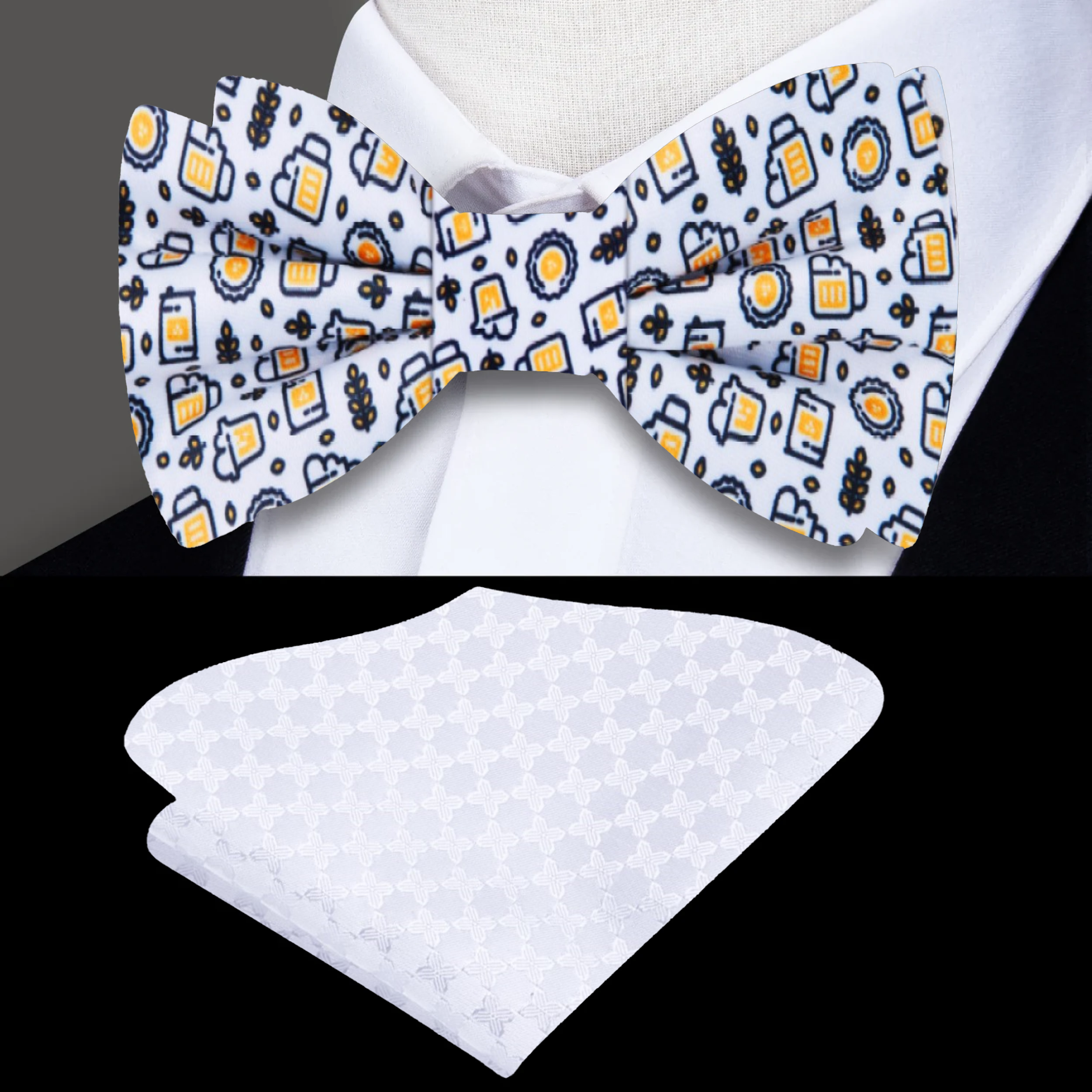 Golden Amber Beer Bow Tie displayed on a suit with matching pocket square