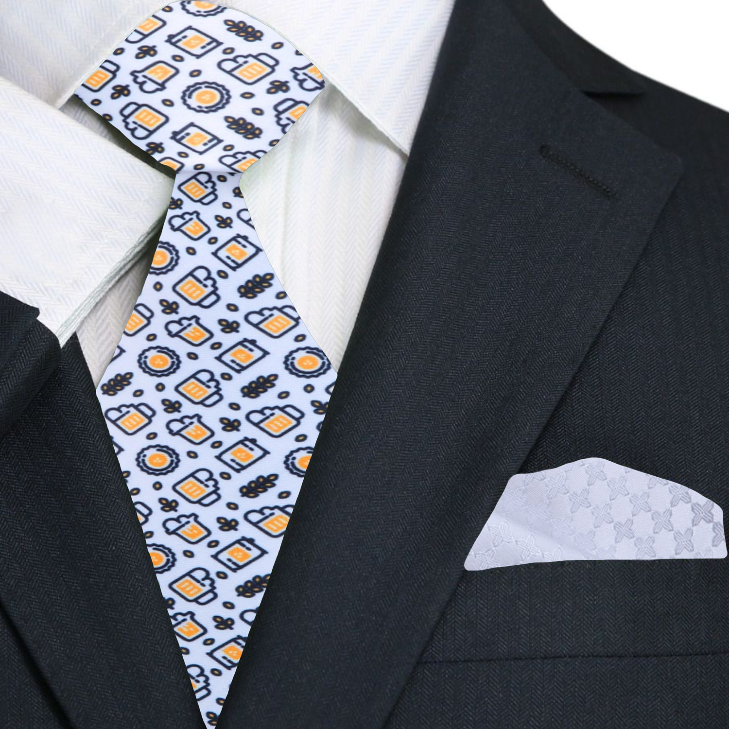 Man wearing beer-themed silk necktie with navy suit for casual party