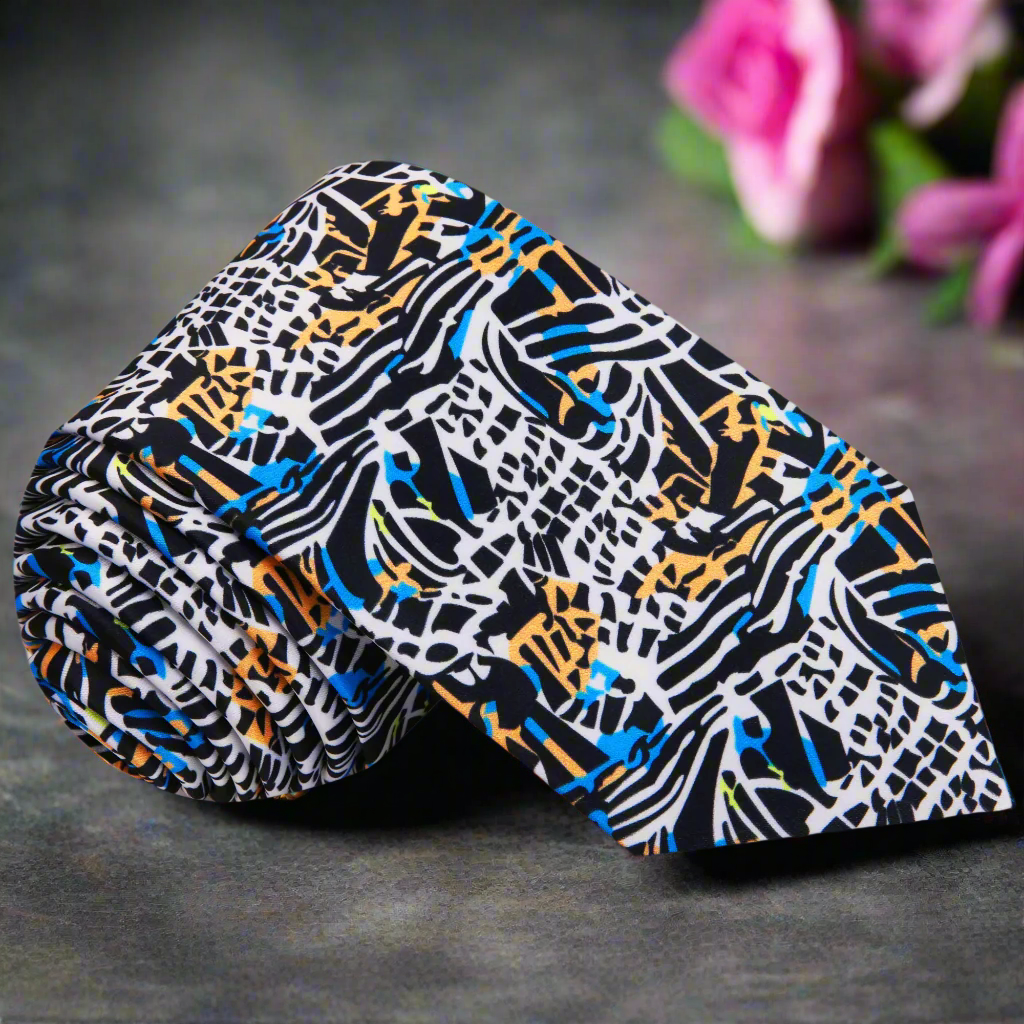Vibrant Kente necktie displayed on a formal shirt, showcasing intricate patterns and colors.