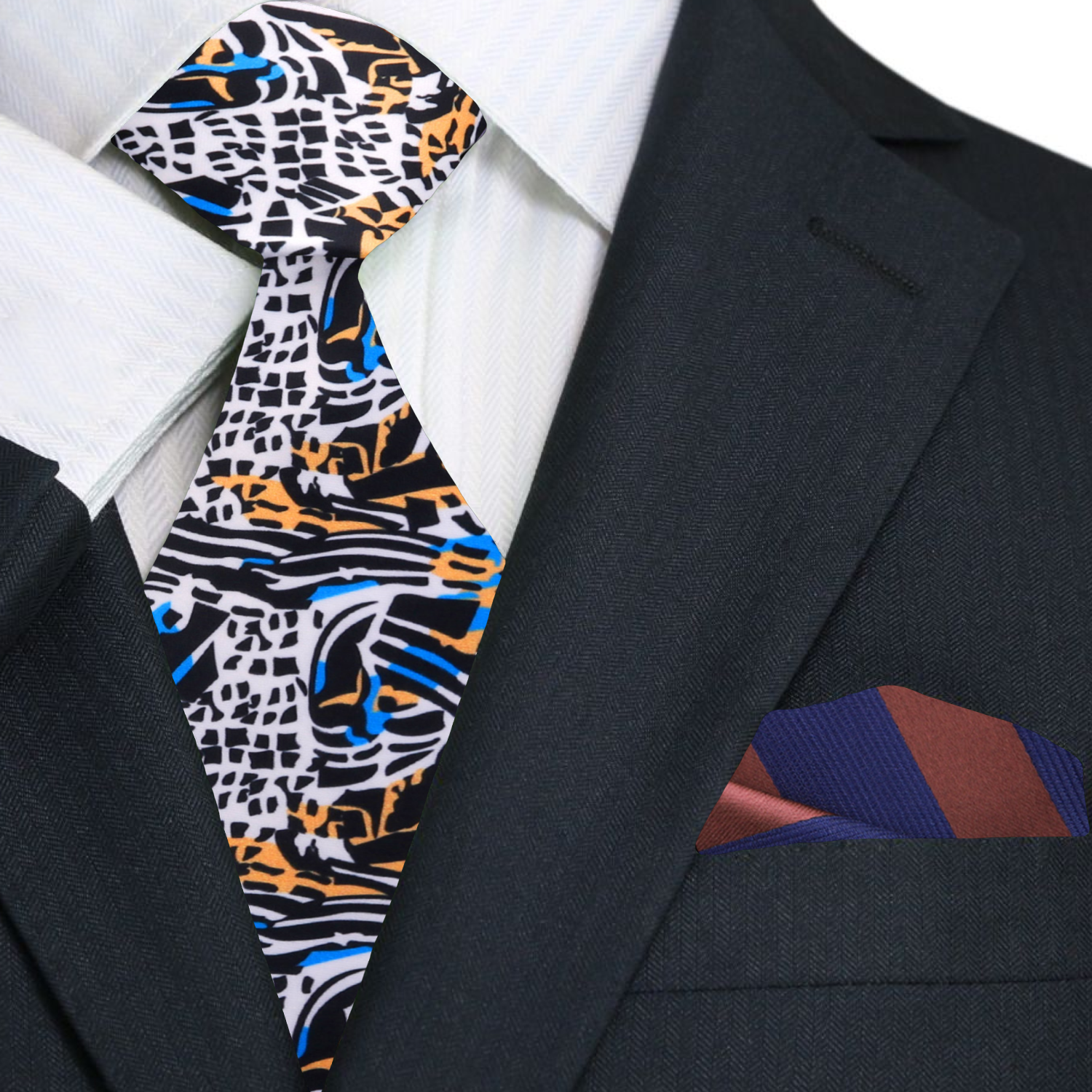 Close-up of Kente tie against a light blue dress shirt, highlighting its cultural design.