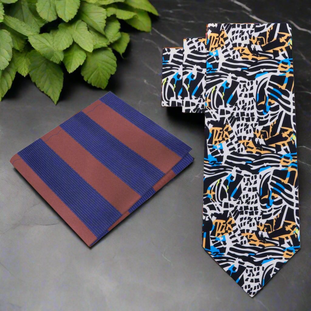 Vibrant Kente necktie displayed on a formal shirt, showcasing intricate patterns and colors.